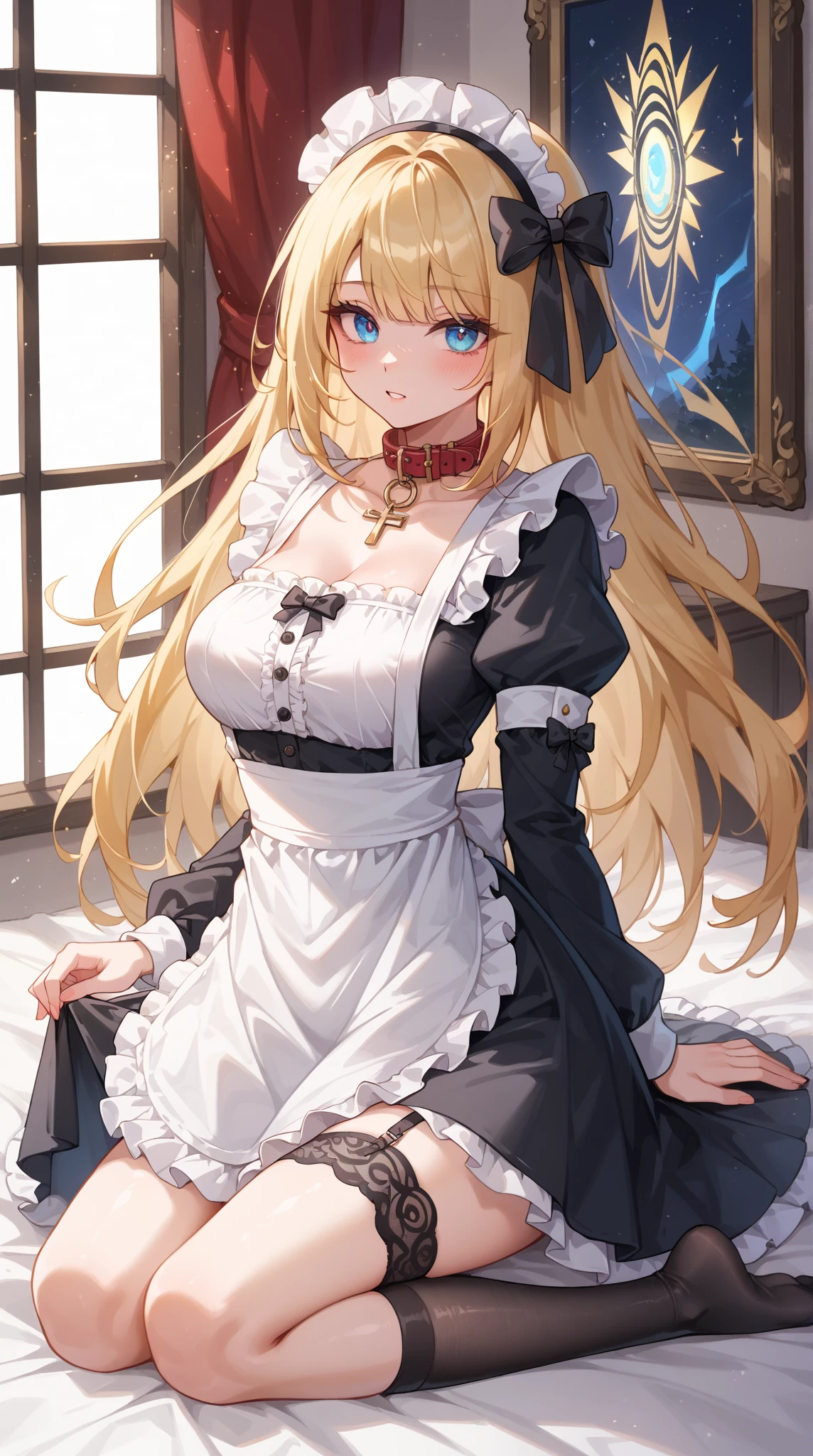 masterpiece, best quality, highres, 1girl red eyeshadow blue eyes makeup, hair ribbon maid headdress white apron detached collar bow frills detached sleeves black gloves black thighhighs lace-trimmed legwear garter straps red dress <lora:howe_pastry_princess:1> standing, skirt lift, looking at viewer, smile