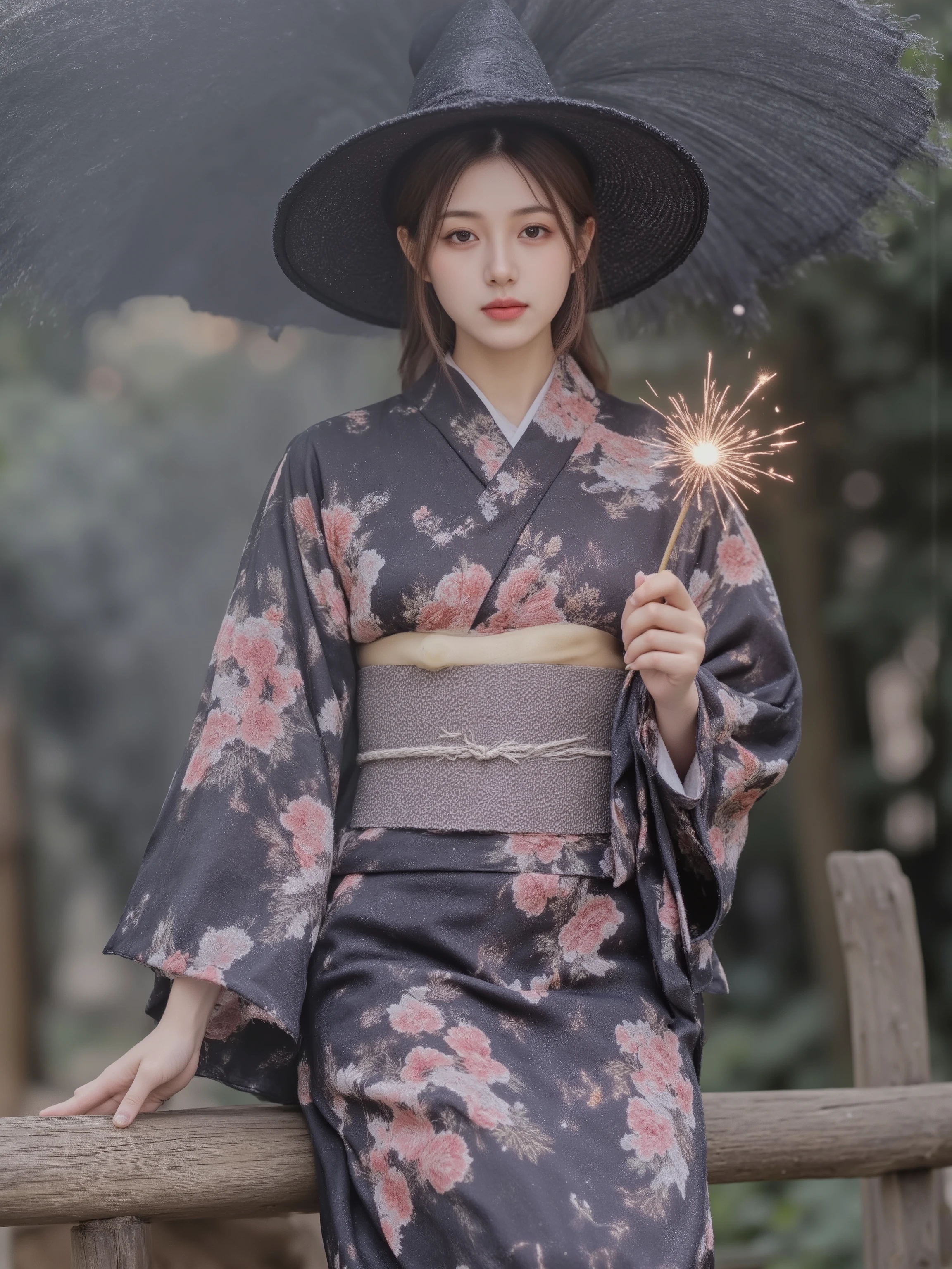 wearing a yukata、A beautiful woman wearing a witch hat is setting off fireworks from a magic wand, Precise and detailed,High Quality,Realistic,4K,HDR,Created by experts,vivid colors,Superb Light and Shadow,Natural Texture,mystical atmosphere,fine details,Delicate texture,Dramatic composition,Fantastic Worldview