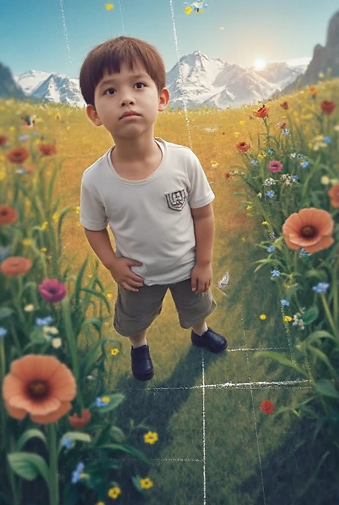 Create an adorable image of a 6-year-old boy with big, brown eyes, wearing brown shorts and boots. He's wearing a cream T-shirt and has curly black hair. Imagine him walking in the woods, in a Pixar cartoon style.