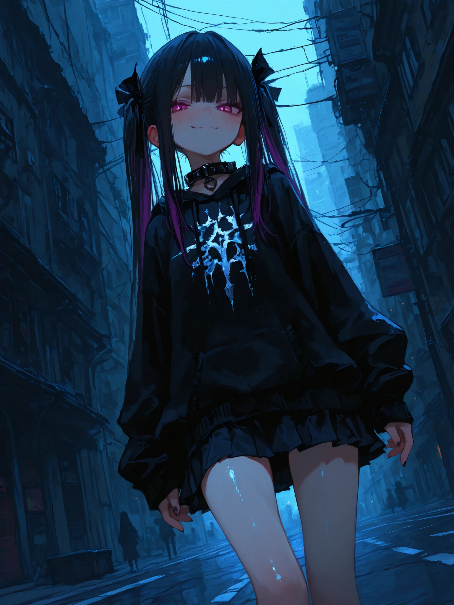 beautiful day, city street, 1girl, loli, young, slim, dynamic pose, goth fashion, extreme style, skirt, blush, lewd smirk, beautiful hair, twin tales hair, beautiful skin, lush, (Masterpiece), 걸작, 고화질, newest, perfection, (best quality), (highest quality), (detailed), (aesthetic), beautiful angle, volumetric lighting, RTX, HDR, detailed background, shiny skin, 748cmstyle