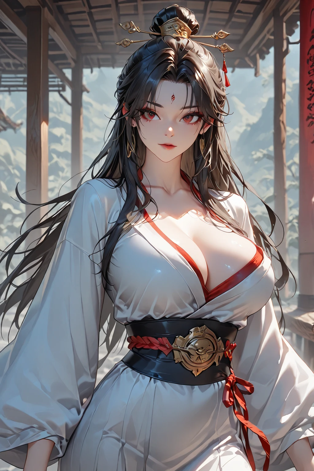 (masterpiece, best quality:1.3)
<lora:epi_noiseoffset2:1> <lora:add_detail:0.7>  <lora:DOANyotengu:0.8>
DOANyotengu, 1girl, solo, long hair, breasts, looking at viewer, bangs, large breasts, hair ornament, red eyes, hat, holding, cleavage, bare shoulders, upper body, detached sleeves, japanese clothes, wide sleeves, blunt bangs, kimono, lips, sash, makeup, hair tubes, mole under mouth, tokin hat, hand fan, pom pom \(clothes\), hime cut, hair stick