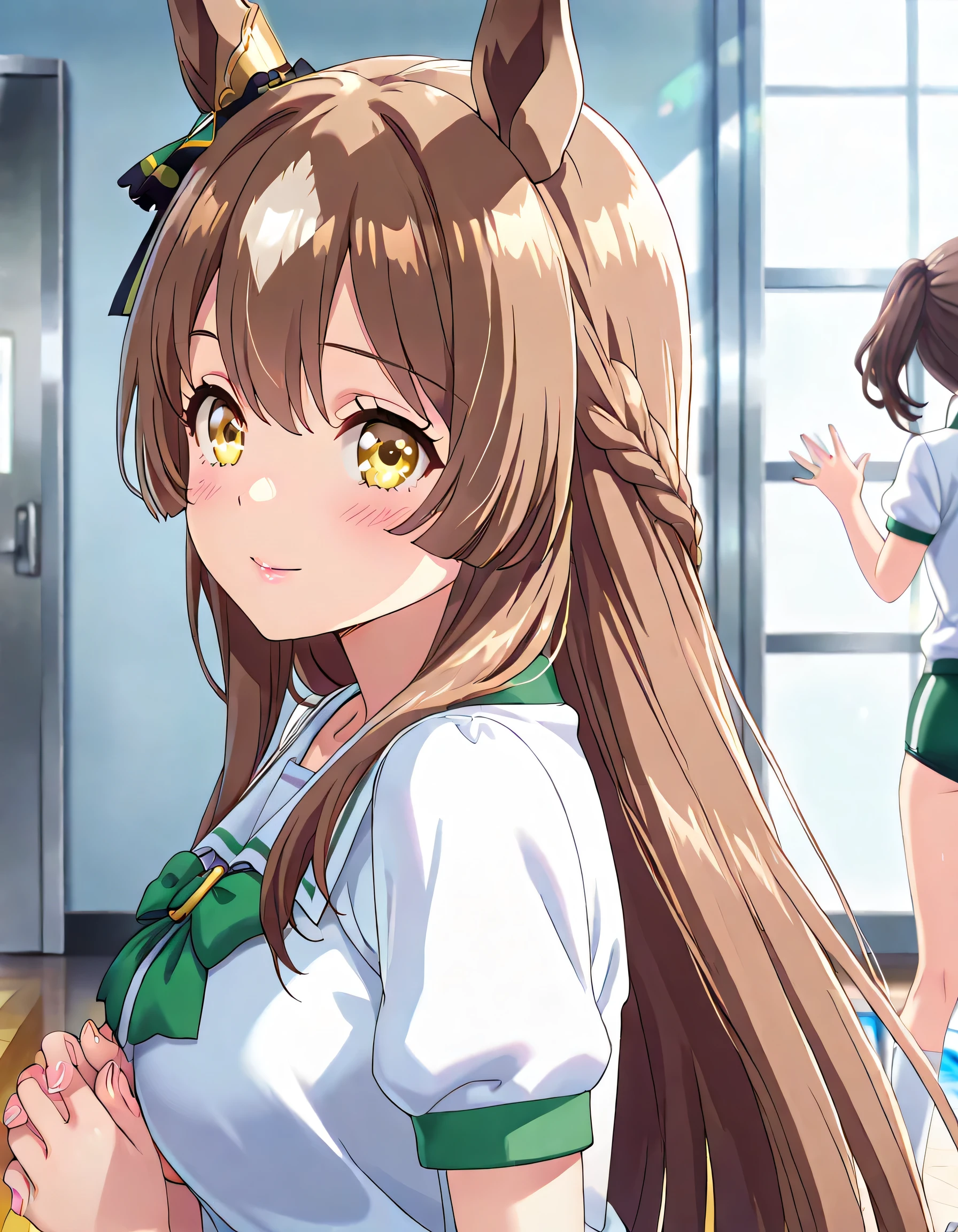 ((ultra-detailed)), (highly detailed CG illustration), (best quality:1.2), ultra-highly detailed, colorful composition, artistic photoshoot, 1girl, solo focus, upper body:1.3, moe anime character,round face, rounded chin:1.2, short stature, styoung, horse girl, yellow eyes, ear ornament, brown hair:1.3, casual, white gym uniform with light green rim:1.3, light green school gym buruma, ample breasts, full body view, intricate design, graceful posture, poised expression, delicate curls, soft shading, harmonious color palette, ethereal ambiance, sitting, pink lips, gentle smile:1.2, blush:1.2, from side, dynamic pose, contrapposto pose,kawaii background, best quality, masterpiece, portrait, depth of field, soft lighting, sidelighting, shine, lighting, caustics, ray tracing, perfect face, lustrous skin, highly detailed face, highly detailed eyes, perfect face, perfect nose, perfect hair, perfect eyes, perfect anatomy, beautiful hair, beautiful small face, extremely detailed face, beautiful detailed eyes, beautiful clavicle, beautiful body, beautiful ample breasts, leavage, breasts squeezed together, equalize the size of the left and right breasts, beautiful thin thighs, beautiful legs, beautiful fingers, 4 fingers, 1 thumb, lovely, (very detailed background:1.0), (highly detailed background:1.0), kawaii aesthetic, intricate details, girly atmosphere, pastel colors palette, chromatic aberration