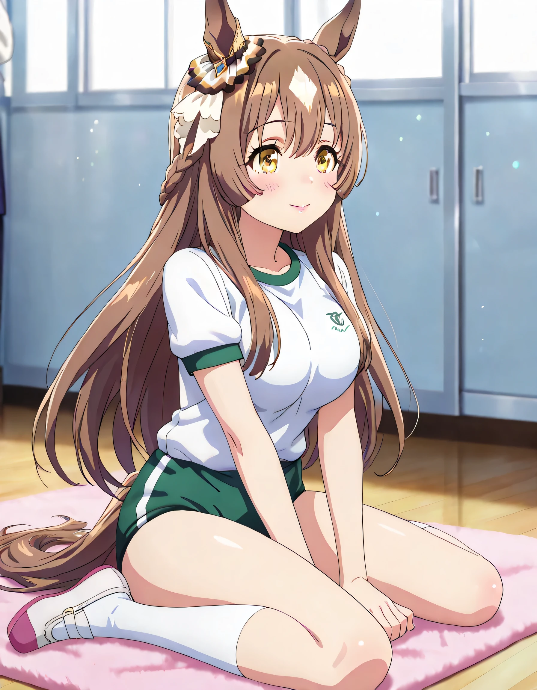 ((ultra-detailed)), (highly detailed CG illustration), (best quality:1.2), ultra-highly detailed, colorful composition, artistic photoshoot, 1girl, solo focus, upper body:1.3, moe anime character,round face, rounded chin:1.2, short stature, styoung, horse girl, yellow eyes, ear ornament, brown hair:1.3, casual, white gym uniform with light green rim:1.3, light green school gym buruma, ample breasts, full body view, intricate design, graceful posture, poised expression, delicate curls, soft shading, harmonious color palette, ethereal ambiance, sitting, pink lips, gentle smile:1.2, blush:1.2, from side, dynamic pose, contrapposto pose,kawaii background, best quality, masterpiece, portrait, depth of field, soft lighting, sidelighting, shine, lighting, caustics, ray tracing, perfect face, lustrous skin, highly detailed face, highly detailed eyes, perfect face, perfect nose, perfect hair, perfect eyes, perfect , beautiful hair, beautiful small face, extremely detailed face, beautiful detailed eyes, beautiful clavicle, beautiful body, beautiful ample breasts, leavage, breasts squeezed together, equalize the size of the left and right breasts, beautiful thin thighs, beautiful legs, beautiful fingers, 4 fingers, 1 thumb, lovely, (very detailed background:1.0), (highly detailed background:1.0), kawaii aesthetic, intricate details, girly atmosphere, pastel colors palette, chromatic aberration