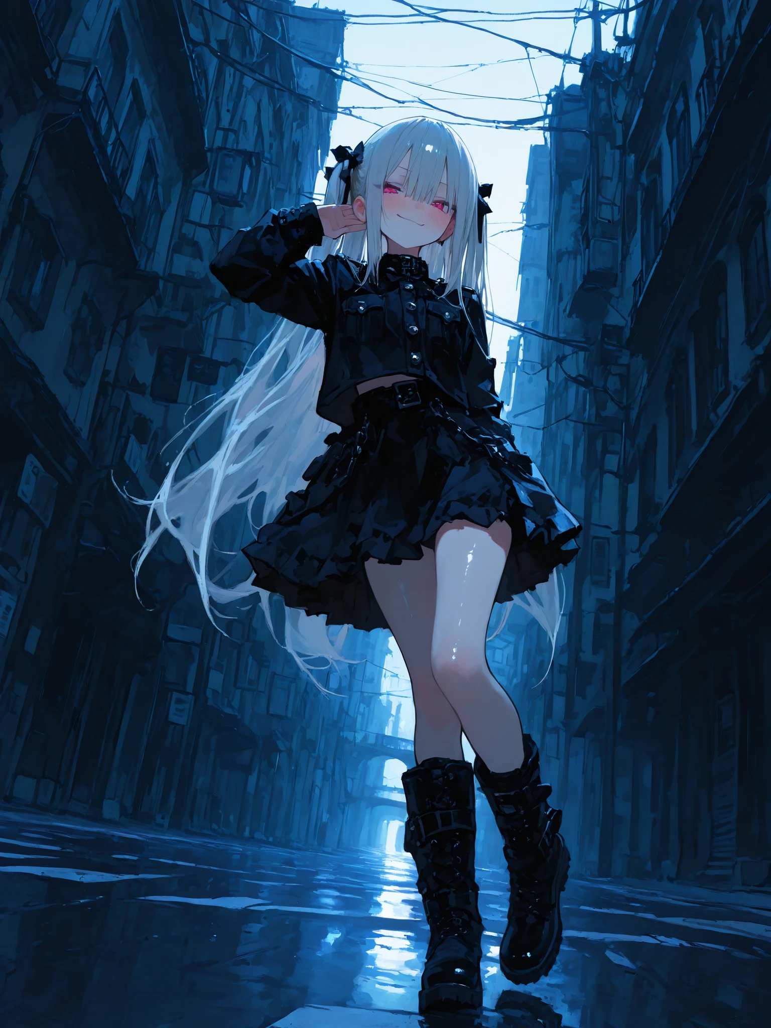beautiful day, city street, 1girl, loli, young, dynamic pose, goth outfit, military boots, small top, extreme style, skirt, blush, lewd smirk, beautiful hair, twin tales hair, beautiful skin, lush, (Masterpiece), 걸작, 고화질, newest, perfection, (best quality), (highest quality), (detailed), (aesthetic), beautiful angle, volumetric lighting, RTX, HDR, detailed background, shiny skin, 748cmstyle