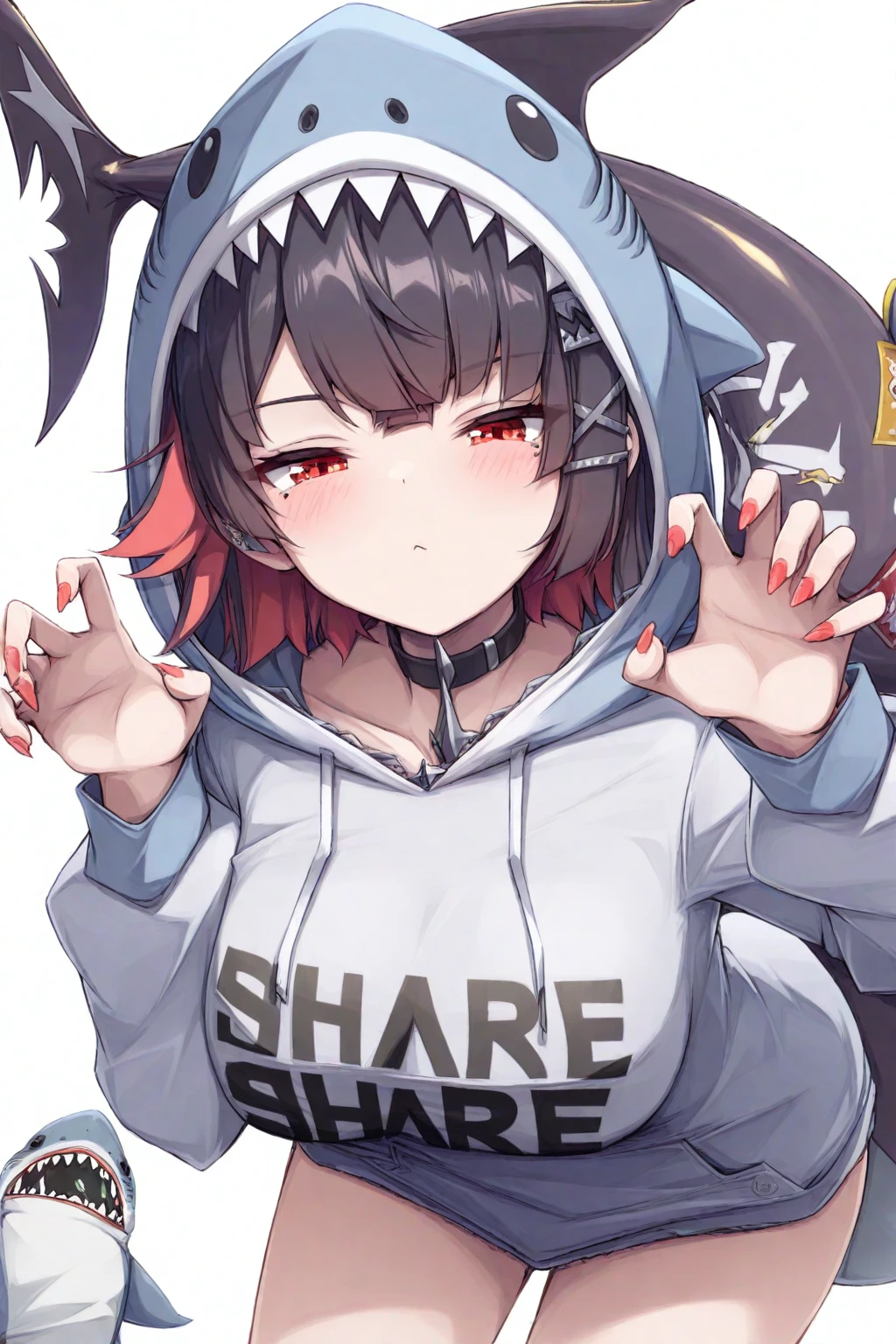 ((best quality)), ((highly detailed)), masterpiece, absurdres, detailed face, beautiful face, (detailed eyes, deep eyes), (1girl), from below, cowboy shot, <lora:hairdetailer:1>, <lora:aiomonstergirls_loraLocon:.5>, ((gazer)), <lora:animeCyclops_v10:.5>, cyclop, (cyclops), one-eyed, colored skin, yellow colored sclera, red colored eyes, extra eyes, colored skin, grey colored skin, black hair, medium breasts, grin, indoors, in a bedroom, stuffed toys, stuffed animals, <lora:pillow_v1:1>, pillow hug, holding pillow, pillow hug, large pillow, heart pillow, no-pillow