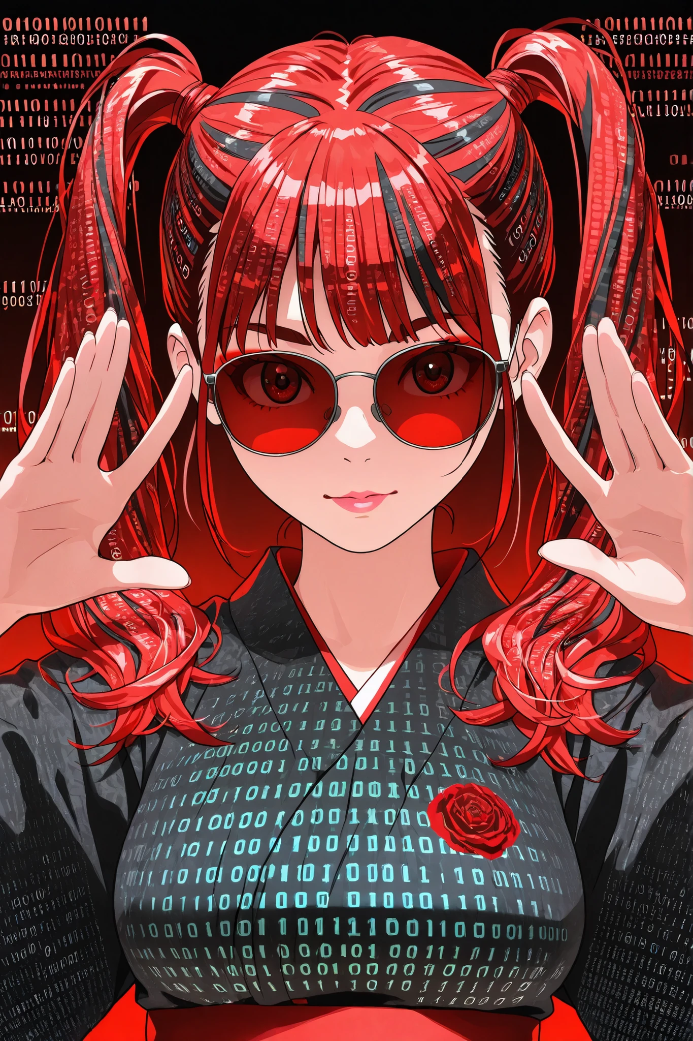 Beautiful Asian Woman, athletic body, long twin tails hair, red dyed hair, makeup and, medium_breasts, red and black Yukata, binary code pattern, Yamaguchi festival , J-pop pose, red sunglasses, red holographic binary code, portrait shot