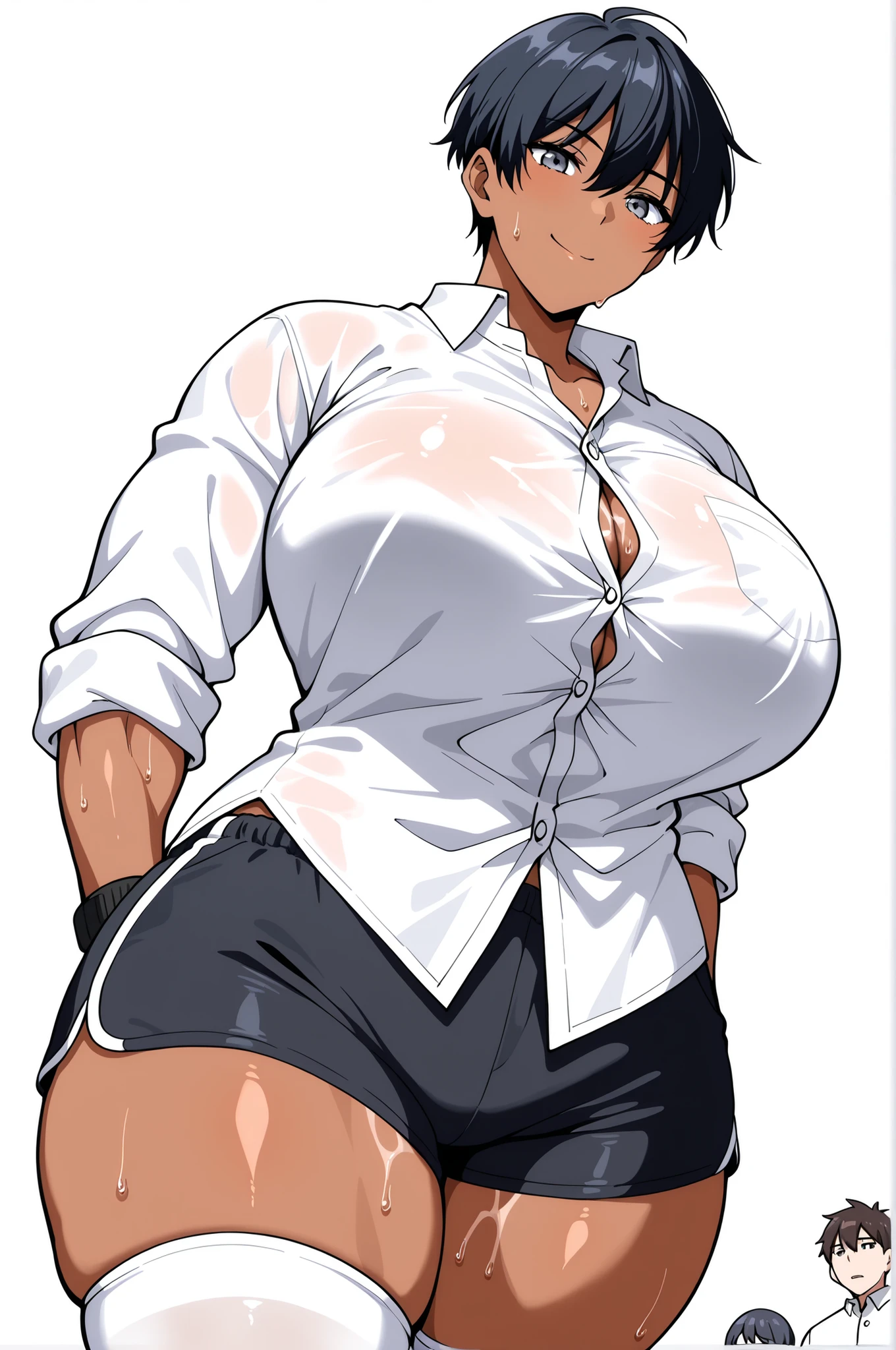 Highest Quality、Highest Image Quality、masterpiece、beautiful line art、animation、solo、(womanhood1people), (黒い髪)、very short hair、boyish hair、has bangs and is making a small scream、takamine ayako、 watch, (gray eyes)、(dark brown skin)、Smile Yan、is looking at me、(light pink lipstick: 0.6)、big boobs、(Tightened a little)、(A little muscular: 0.8)、thick thighs、Safe delivery body type 、 Height: 170cm、school uniform、(long-sleeved white button shirt with arms rolled up to below the elbow:1.3)、(White button shirt hem:1.5)、(untucked shirt:1.3), (Black Sports Gym Shorts with White Trim Slits 1.5)、(White below-knee socks:1.3)、Sweat all over body, (simple white background:1.4)、angled angle from the front、