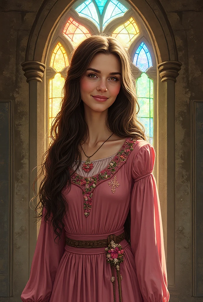 masterpiece, best quality, 1girl, solo, ((mature female)), round pupils, long hair, hair, princess, white gold dress, fantasy, happy, looking at viewer, cartoon, anime, brown hair, (oil painting)