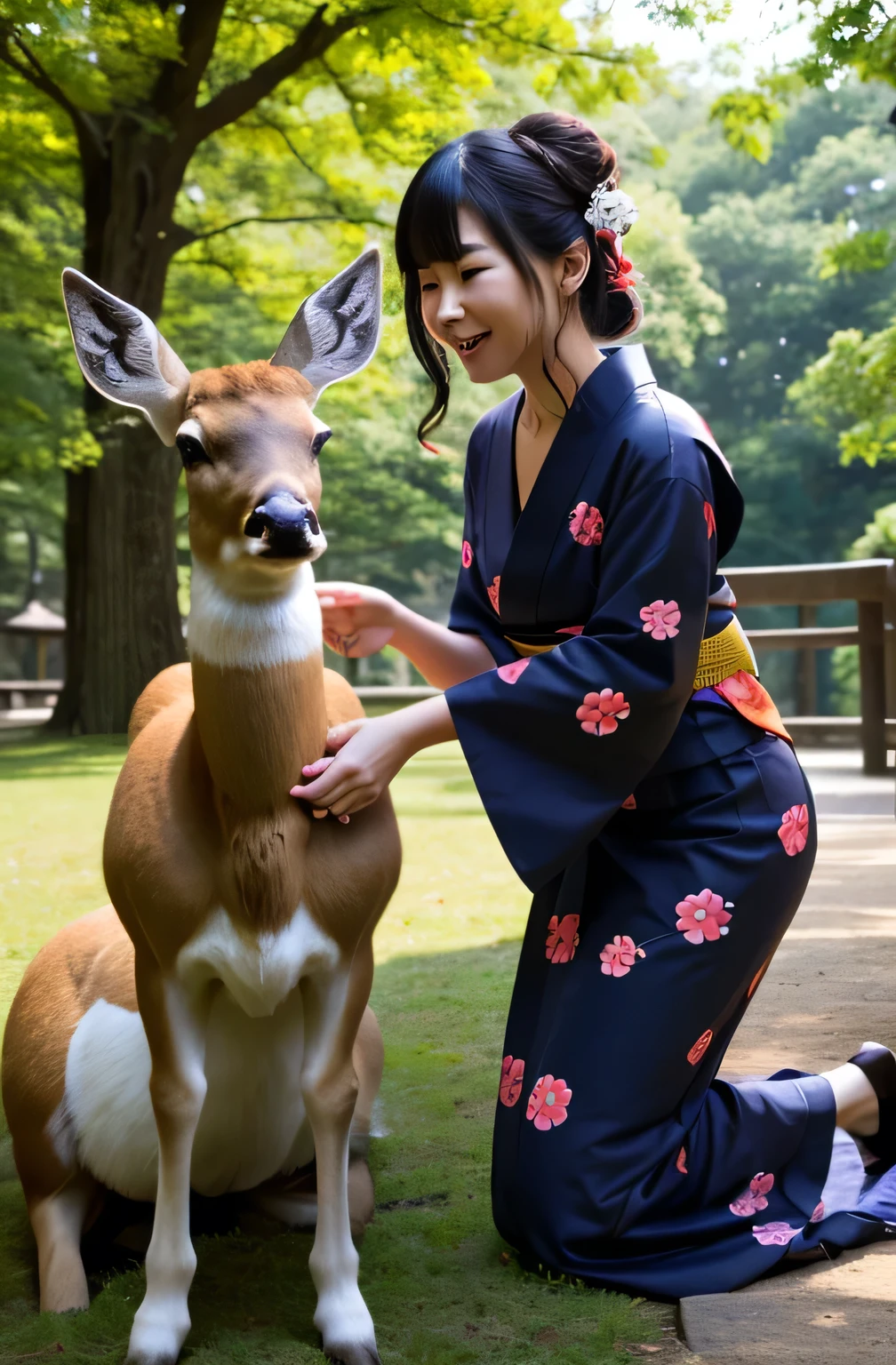 Can you draw a witch putting up deer crackers on a deer,can you draw a blond woman in a yukata,can you draw a witch in a yukata touching a deer at Nara Park, Sunny,lawn