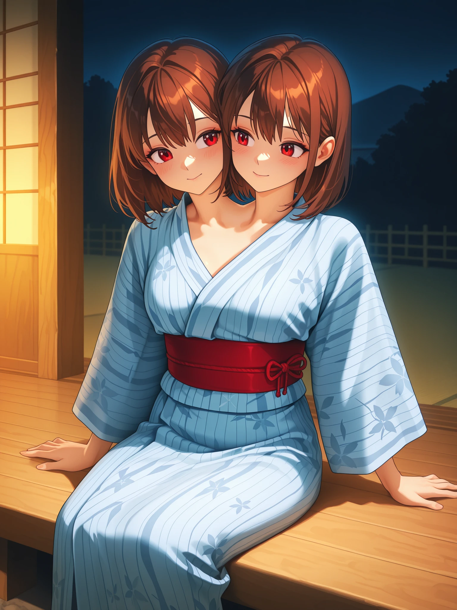 conjoined, anime girl with two heads, blue yukata, calm, long brown hair, red eyes, sitting on a japanese inn porch at night