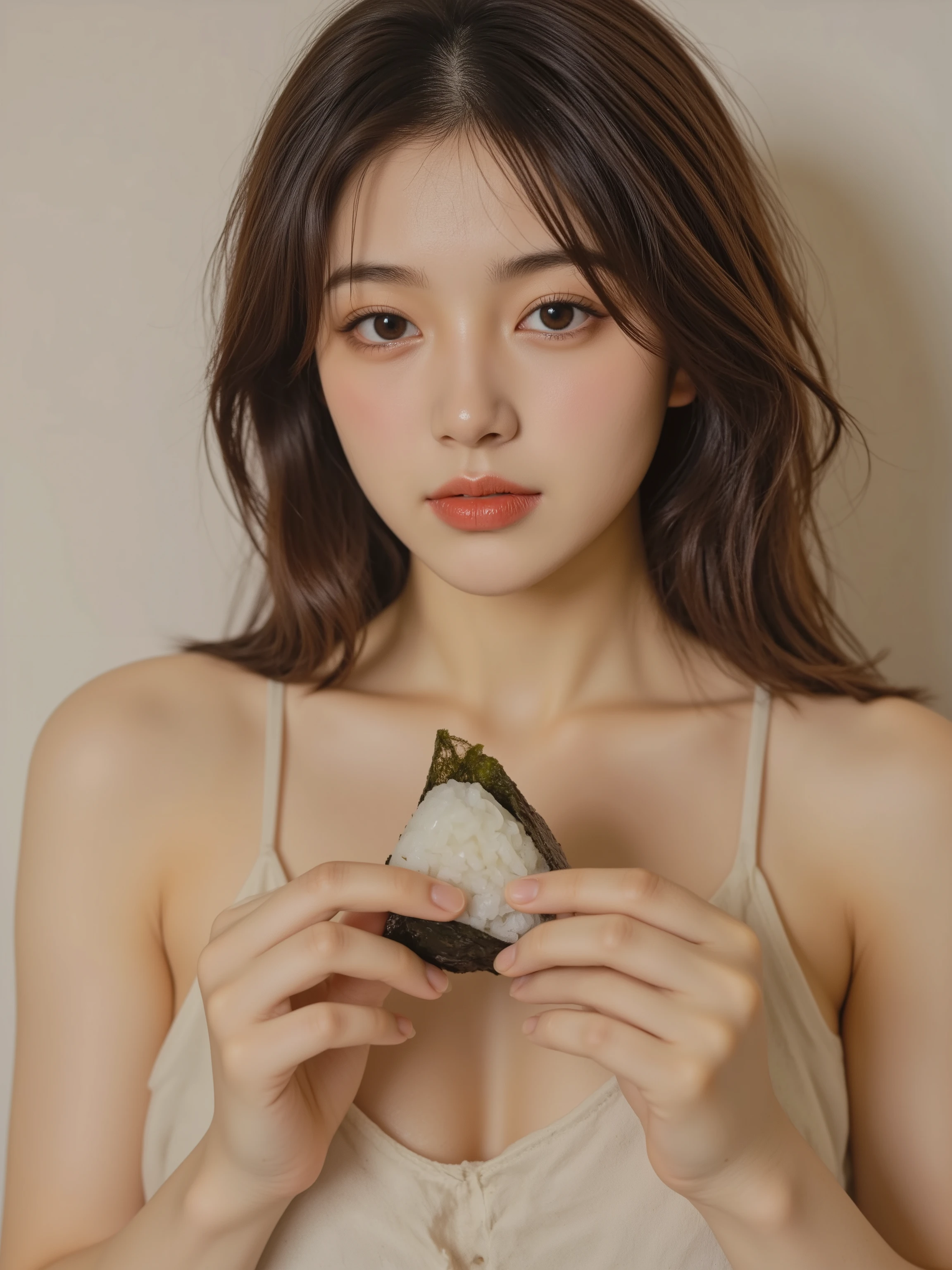 rice ball,triangle,kome_onigiri, High-quality realistic portrait,beautiful Japanese women,Japanese-style chabudai, sitting on tatami mat, Open your mouth wide and eat a rice ball wrapped in seaweed,graceful expression,Polite gestures,Delicate skin,glossy hair,Kimono pattern,sunlight shines in,blur effect,Deep Hues,Elegant Atmosphere, 4K quality ,Extremely Detailed Description,Superb Realism,Realistic Light Expression,professional finish