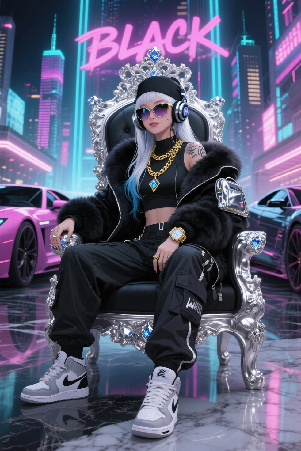 low angle shot through a fish eye lens of a black woman dressed in hiphop inspired clothes and sneakers, gold necklace and earrings, beautiful make up, standing in the middle of the street with a bugatti in the background drifting and creating smoke, beautiful and vibrant colours shining with iridescent light, music video inspired visuals.