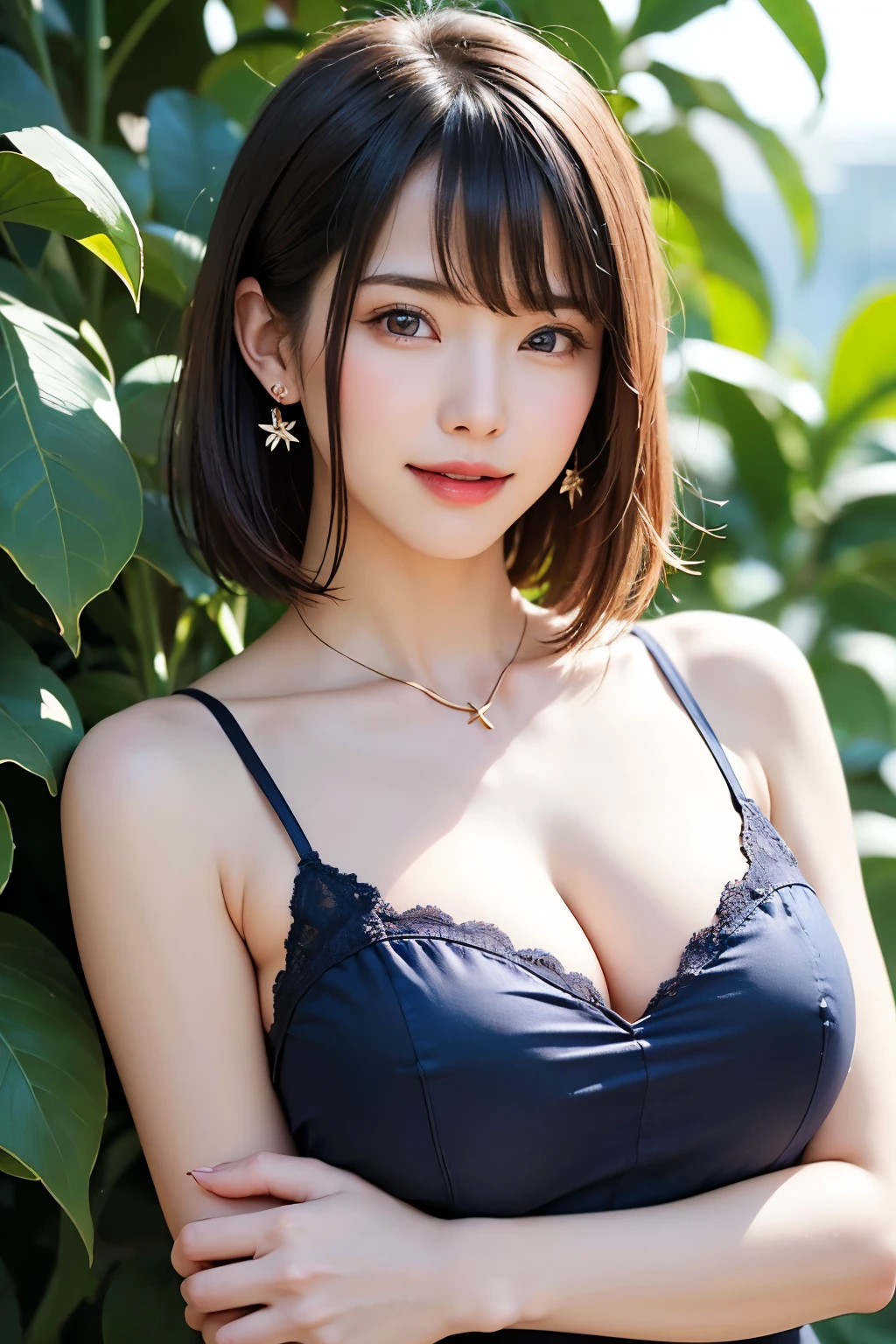 (masutepiece, top-quality、The ultra -The high-definition、Very attractive adult beauty、Add intense highlights to the eyes、Look firmly at the camera:1.4、Absolutely beautiful bangs:1.4、Brunette short bob hair with bangs:1.4),1girl in, 独奏, A dark-haired, scarf, Hats,, realisitic, looking at the viewers, black eyes of light color, shorth hair, s lips, lipgloss,bangss, The upper part of the body、big eye、Lashes)、((italian green natural background、Hyperreal Stick:1.4))、((Shorthair with bangs:1.4、Beautiful bangs with 46 points:1.4、{Gigantic|Big|Huge|Mega} breasts, cleavage、big eye、Put very strong highlights in your students、very Bigger breasts、gazing at viewer、Very beautiful beauty、Put your ears out、long neck、little smiling、Beautiful teeth、Open your mouth and smile))、28 year old、Very cute supermodel
