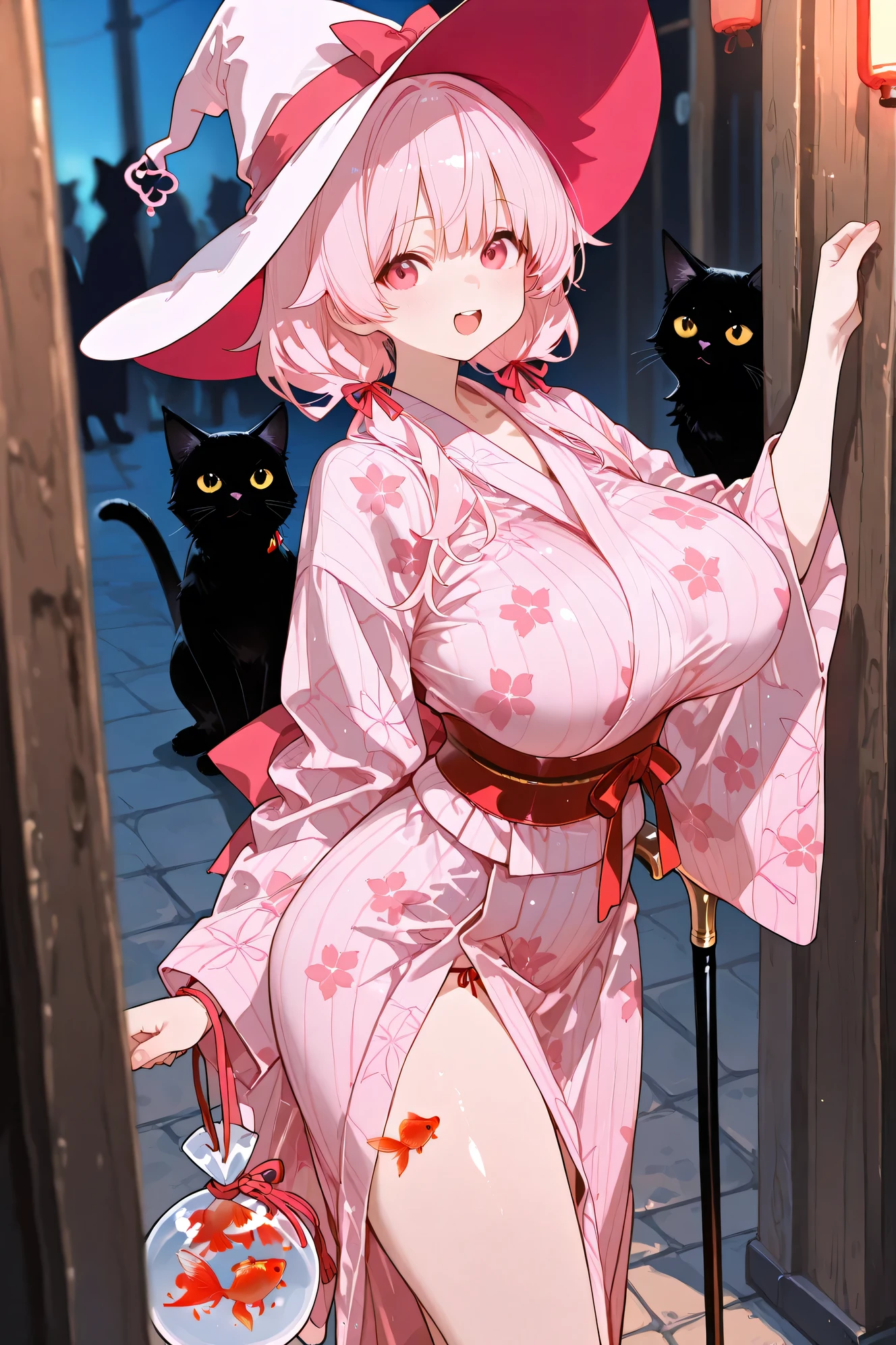 High Quality、high image quality、masterpiece、big boobs、shallow depth of field、HDR effects 、Summer Festival Night、the scene where a witch in a yukata scoops up a lot of goldfish with magically strengthened poi and is very excited、The background is a fair stall、pink yukata+red belt、black cat silhouette pattern on the hem、hair is twin-tailed、Little Witch Hat(Hair accessory style)、the cane emits light、feet are clogs、cute