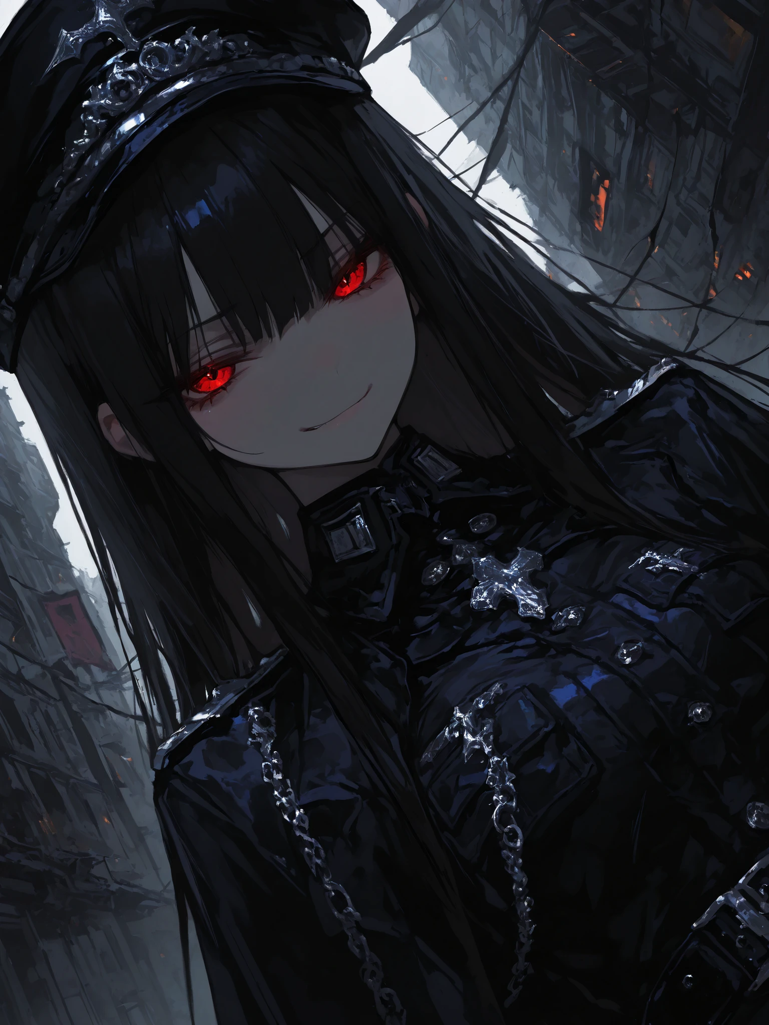 Close-up shot, focus on girl, beautiful dark night, destruction aesthetic, 1girl, young, slim, evil pose, military fashion, unique accessories, shiny chains, extreme fashion style, evil smirk, serius, beautiful hair, (Masterpiece), 걸작, 고화질, newest, perfection, (best quality), (highest quality), (detailed), (aesthetic), beautiful angle, volumetric lighting, RTX, HDR, detailed background, shiny skin, 748cmstyle