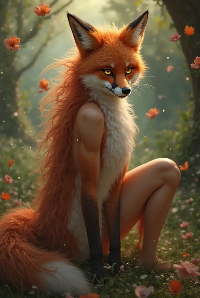 mature monstergirl, fox, (((her body is cover in red fox fur))), redhead, fox tail, leaning against tree, magical forest, surprised expression, (best quality,4k,8k,highres,masterpiece:1.2),ultra-detailed,(realistic,photorealistic,photo-realistic:1.37),HDR,UHD,studio lighting,ultra-fine painting,sharp focus,physically-based rendering,extreme detail description,professional,vivid colors,bokeh,fantasy,concept art