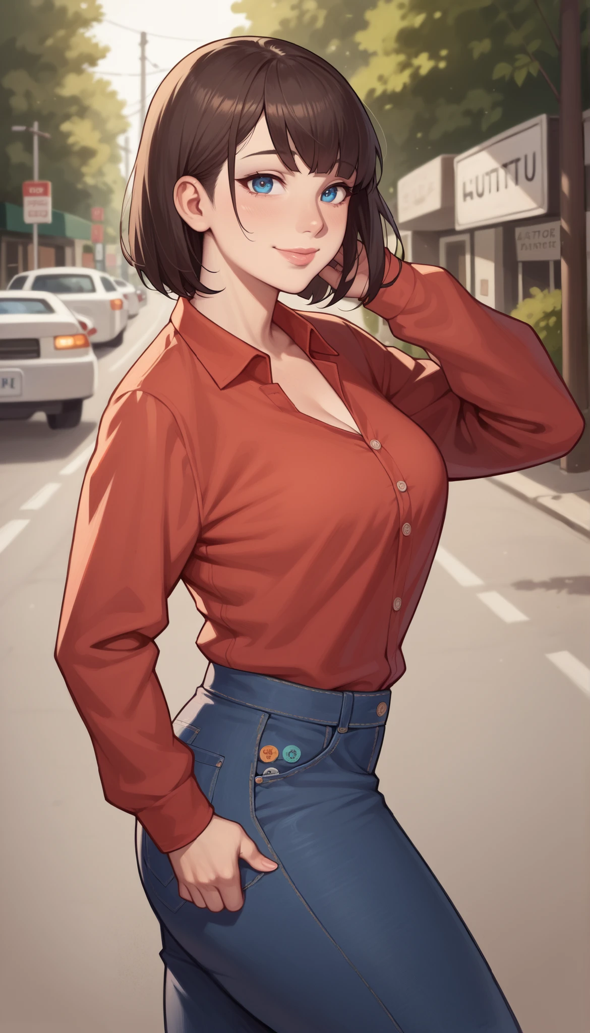 masterpiece, best quality, <lora:HouseChores:.5>, house chores, 1girl, solo, breasts, looking at viewer, smile, large breasts, brown hair, shirt, cleavage, brown eyes, jewelry, earrings, glasses, choker, midriff, pants, medium hair, lips, crop top, hand on hip, plaid, black choker, black pants, red shirt, black-framed eyewear, adjusting eyewear, tied shirt, plaid shirt, tight pants, character profile, high-waist pants, bob cut, outdoors, toned, nose piercing, blunt bangs