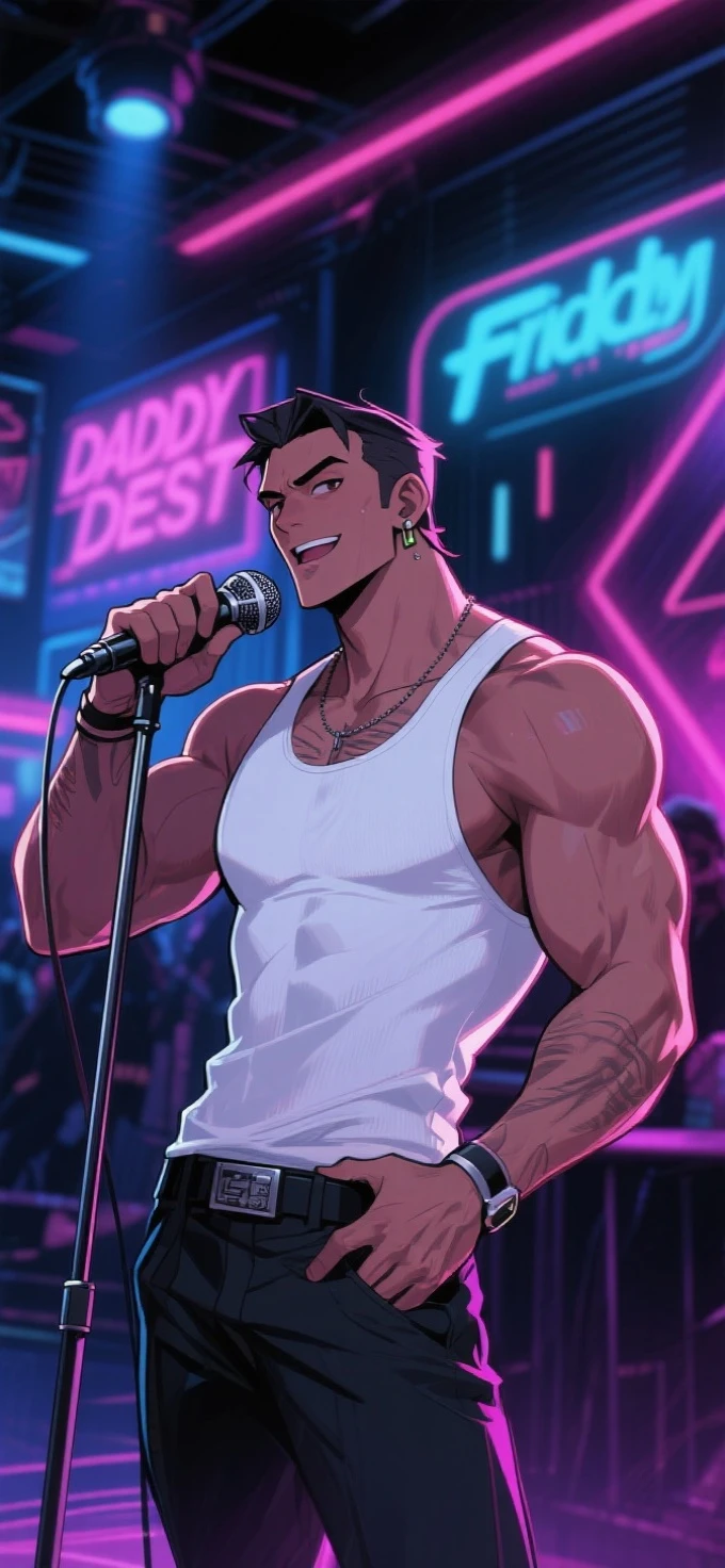 best quality, masterpiece, male DJ, medium length middle parting rainbow colored hair, headphones around neck, muscular, excessive brown public hair, energetically dancing behind mixer and turntable, another handsome man sucks his , , crowd in the background hands up happily cheering him on, laser lights and RGB spotlights in the background, sexy, gay, homoerotic, ambient lighting, extremely dramatic shadows, perfection, no watermark, no logo, no signature