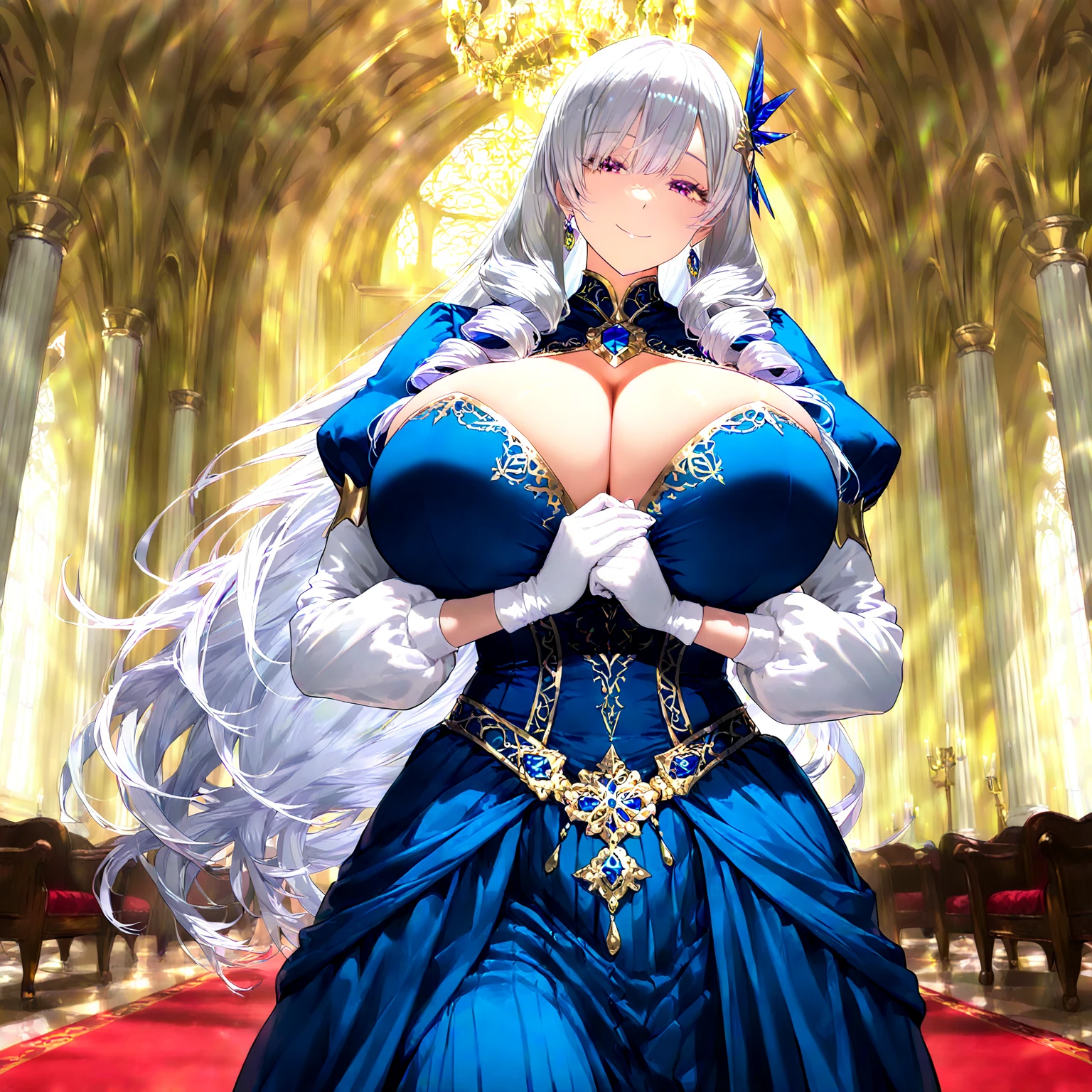 ultra-detailed, extremely detailed,((anime artstyle)),Masterpiece,(Best Quality),(Super Detail),(Very Delicate and Beautiful),((Solo)),((full body)),full body,((detailed face and eyes)),perfect eyes, rendered eyes,jewel-like beautiful eyes,((1 princess in beautiful embroidery and jeweled gorgeous rococo ballgown with frilled voluminous full length hoop skirt)),((Crinoline)),beautiful embroidery and jeweled gorgeous rococo ballgown with frilled voluminous full length hoop skirt,(large amount of straight hair,extremely voluminous Very Long straight Hair,Absolutely Long Straight Hair),sparkly skin,(((very gigantic boobs))),Bursting breasts,cleavage,(fantasy castle,outdoors,outside the castle),long_gloves,extremely gorgeousfull jeweled hair ornament,(bling-bling extremely gorgeousfull jeweled tiara),(luxurious jewelry),full body,beautiful embroidery and jeweled gorgeous rococo ballgown with frilled voluminous full length hoop skirt