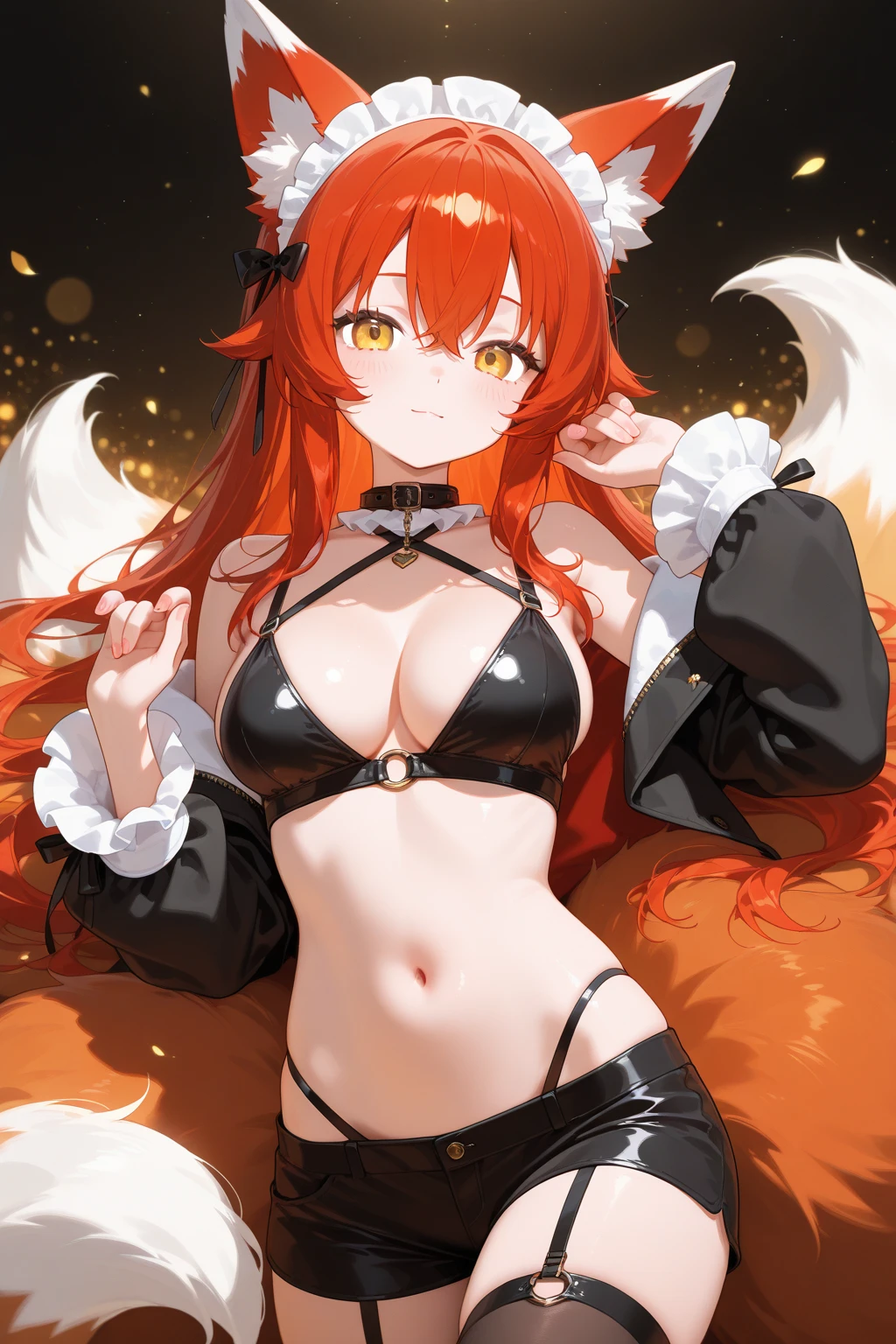masterpiece, best quality, highres, aadola, dragon girl, long hair, dragon horns, dragon tail, collar, choker, cleavage, center opening, black gloves, thigh strap, <lora:dola_v1:0.7>, cowboy shot, standing,