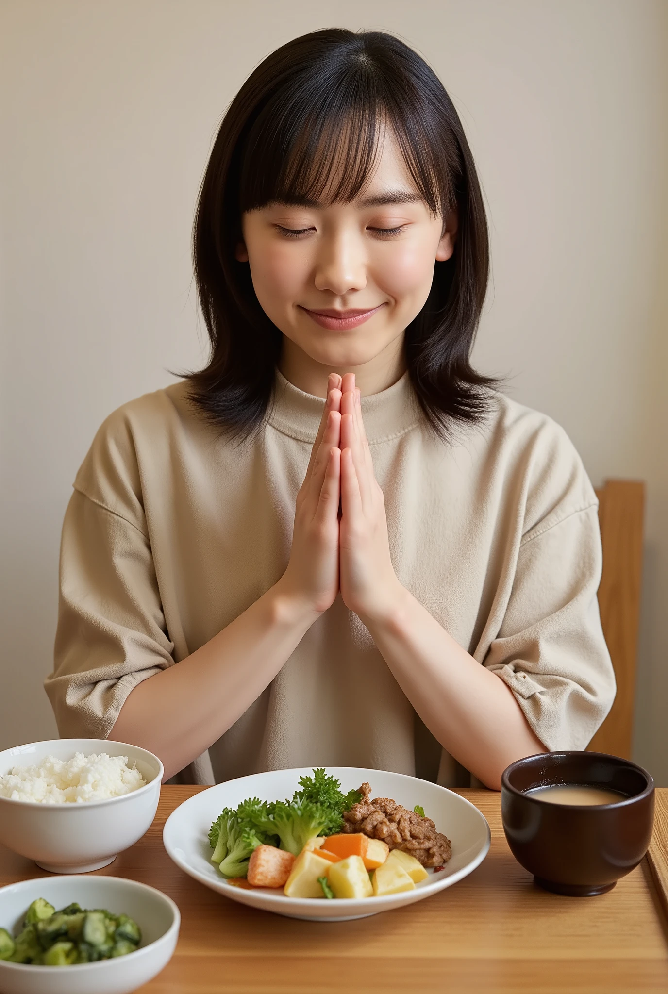 Frontal upper body portrait of a beautiful 21-year-old Japanese woman, ((long brown hair with bangs)), (((eyes closed))), Japanese meal scene, (((the woman is seated, smiling gently and placing her palms together in gratitude for the meal))), bust-up shot, precise finger, hand and arm movements