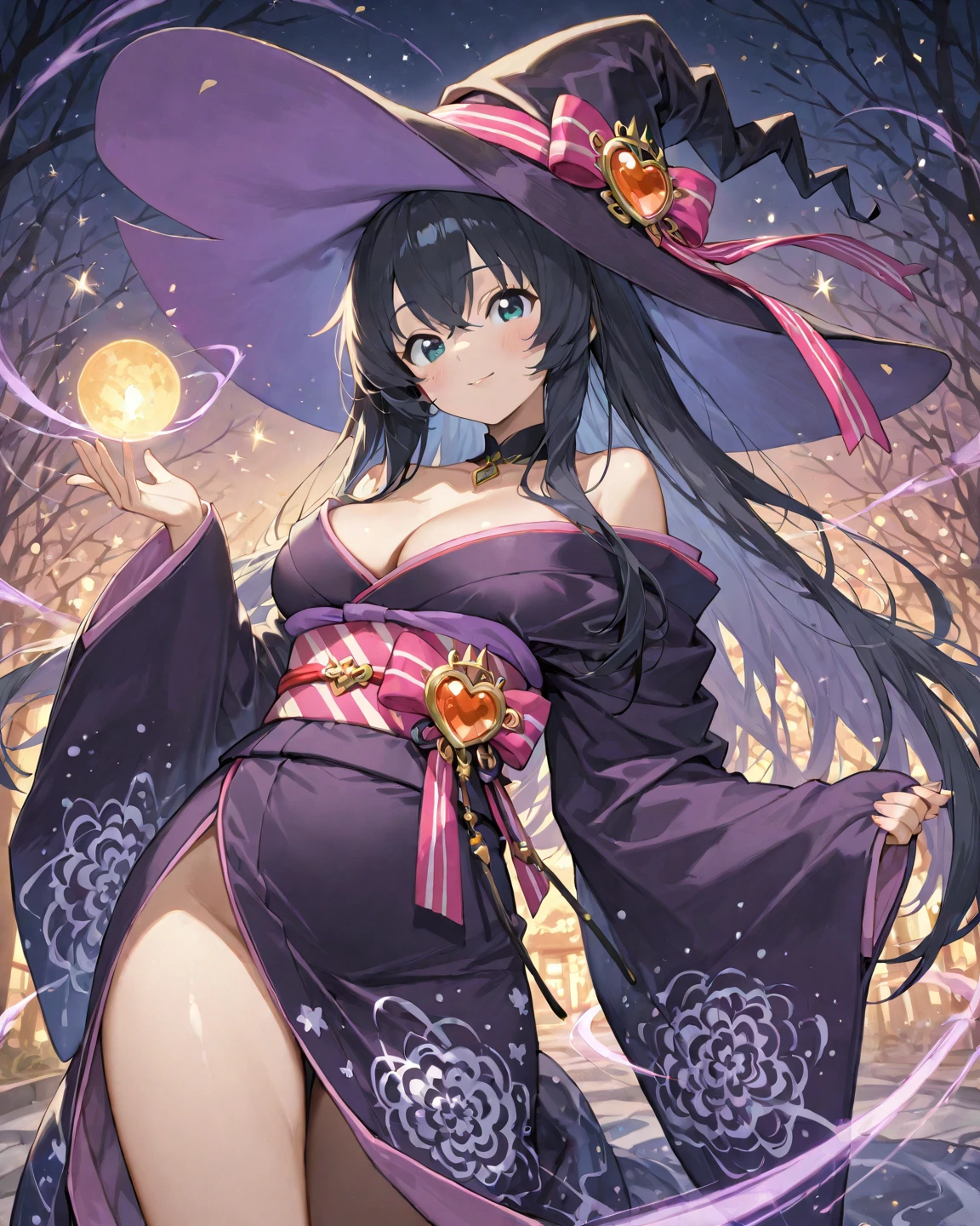 1girl,witch,stare at viewer,Wide-brimmed hat,chinese dress,high heel,Halloween background, ,blush,