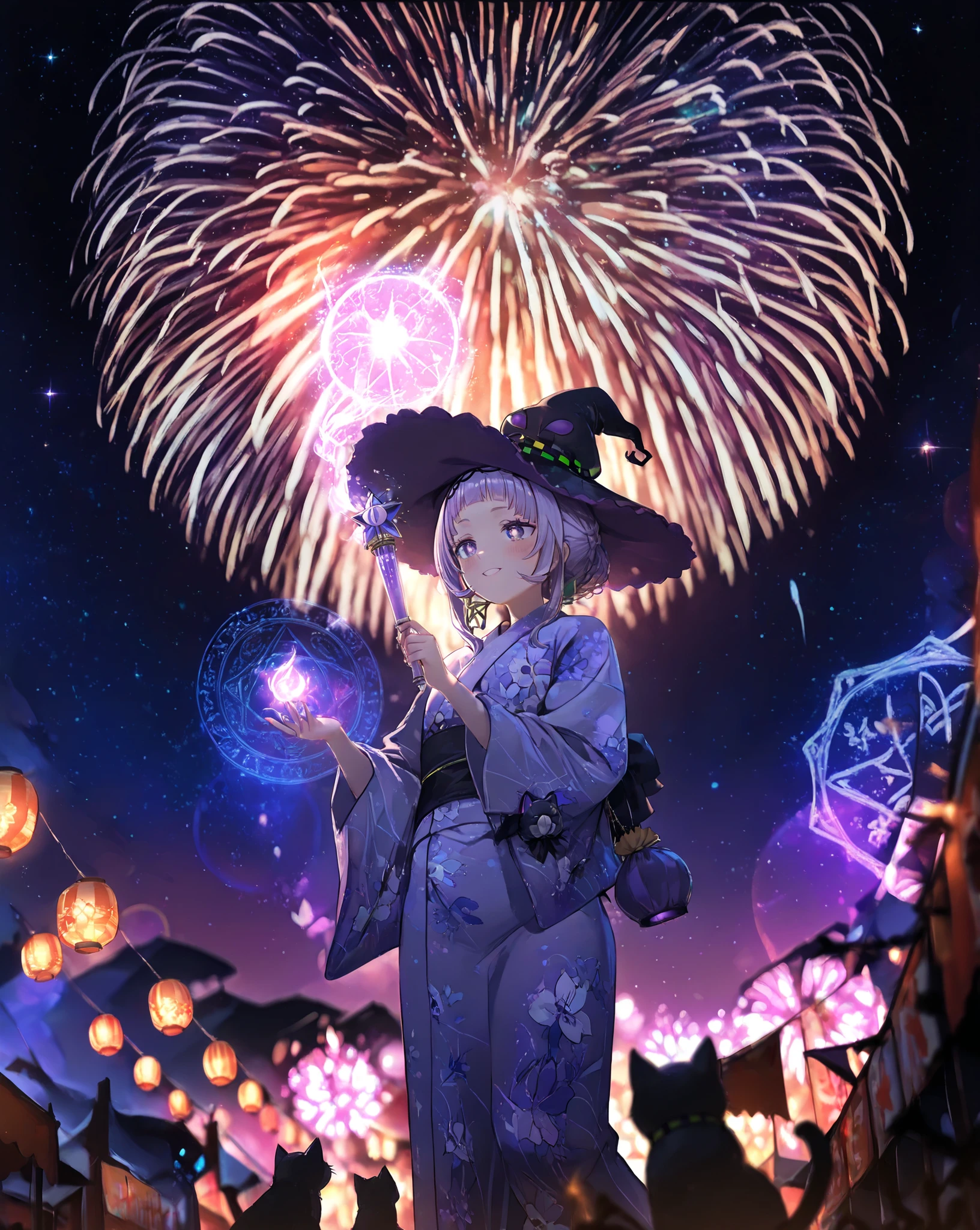 masterpiece, best quality, ultra-detailed, The view from below, 1girl, murasaki shion, hololive, witch, short hair, purple hair, purple eyes, star pupils, witch hat, black witch hat with star, yukata, purple yukata with star patterns, floral print, magic wand, casting magic spell, magic circle, glowing magic circle, fireworks display, multiple fireworks, night sky, starry sky, festival stalls, paper lanterns, magical atmosphere, mystical scene, sparkles, lens flare, glowing effects, detailed lighting, summer festival, outdoors, celebration, beautiful detailed sky, detailed background, fantasy, depth of field, medium shot