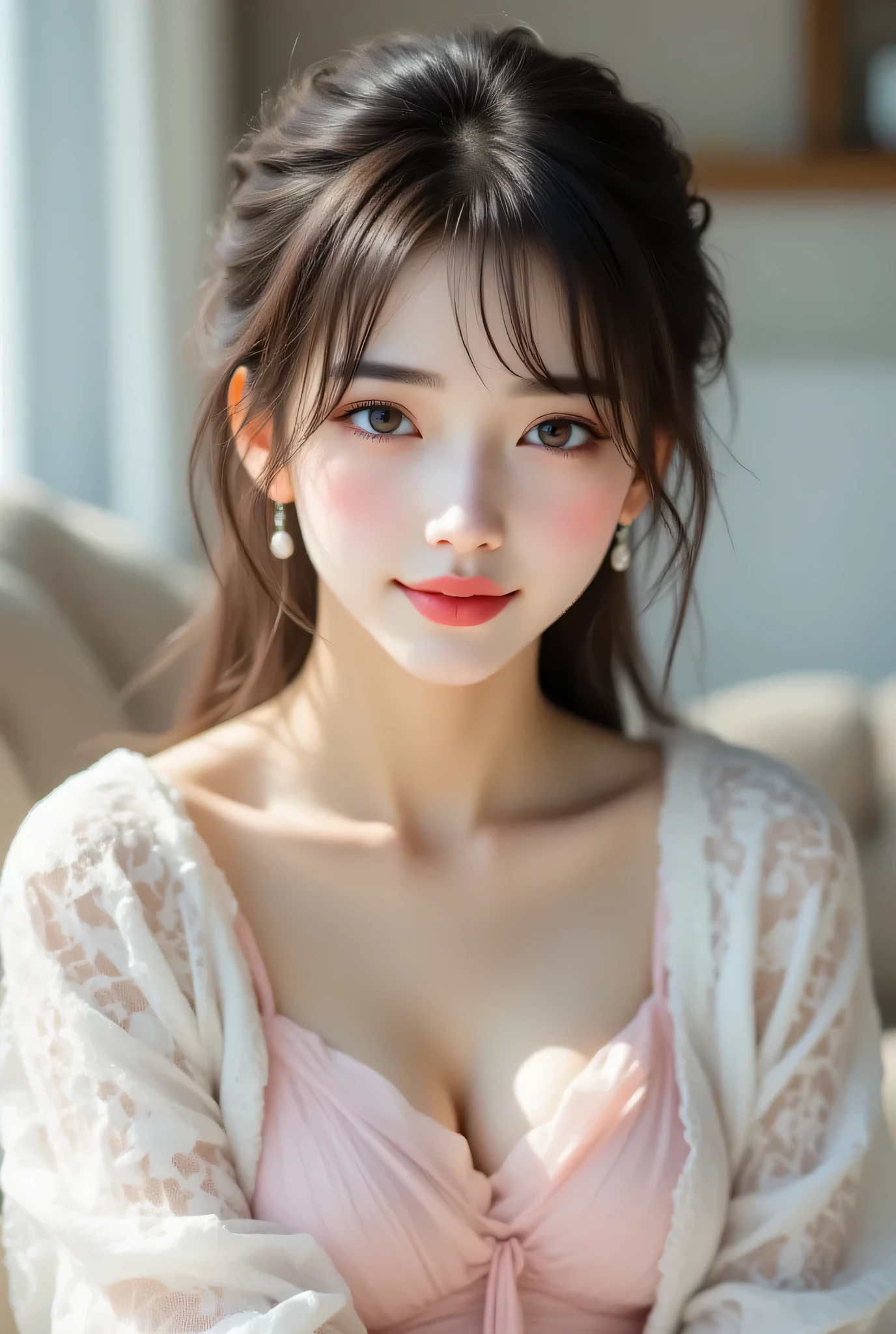 ((Highest Quality、masterpiece、high sensitivity、high resolution、detailed description、Delicate Facial Expression、Fvalue:6.0))、((slender woman))、advanced digital art、white lace blouse、Tulle Skirt、Put your laptop on your lap、long legs、pink dress with open chest、happy smile、