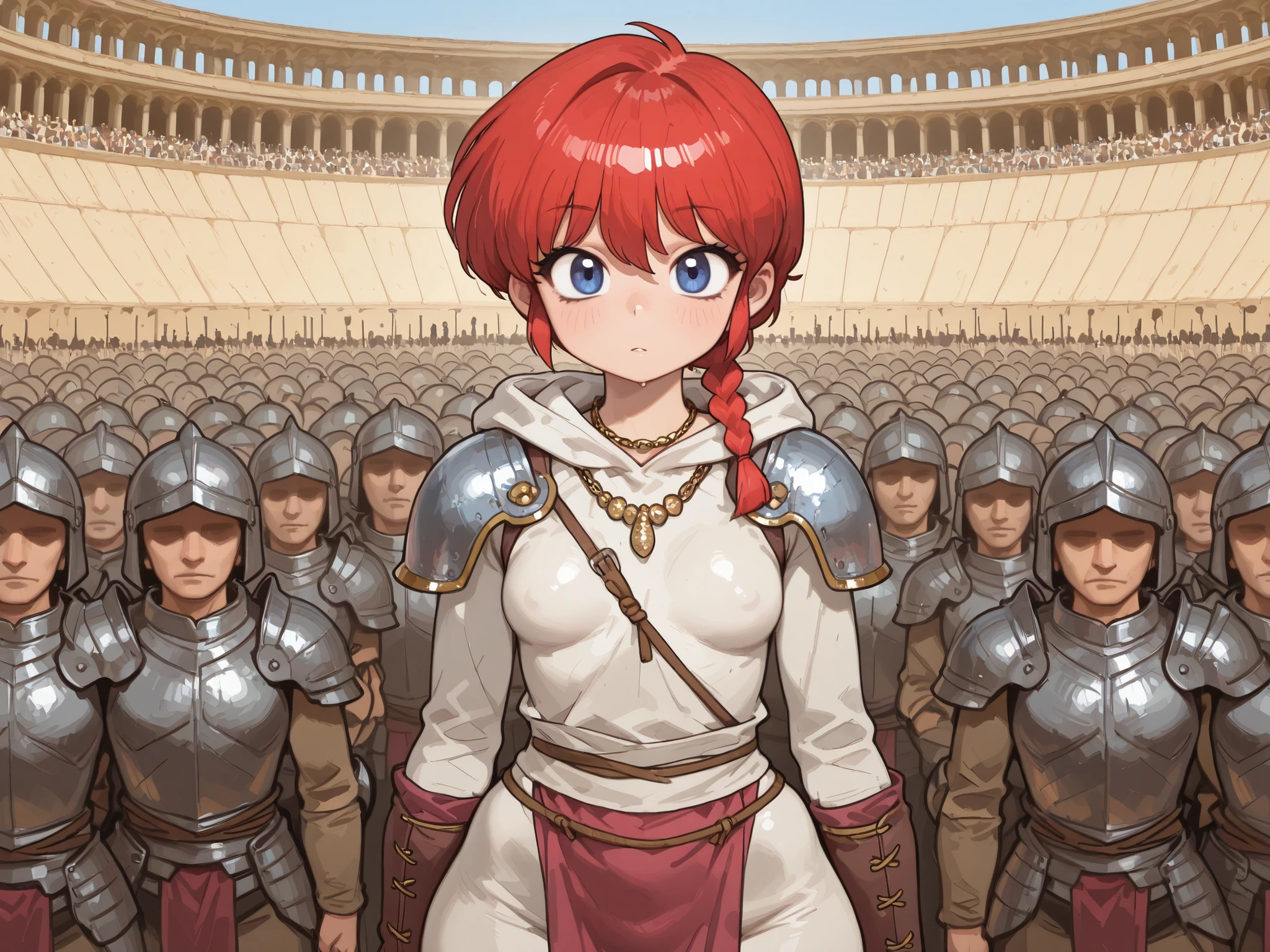 Ranma Saotome. red hair. blue eyes. braid. small breasts. wide hips. necklace. black eyeliner. pink manicure. | masterpiece, best quality, amazing quality, very aesthetic, absurdres, newest, pants, armor, hood, hood down, shoulder armor, upper body, standing, looking at viewer, on the background of the colosseum, Rome, morning. a haystack, a crowd in the background dressed in Roman clothes.