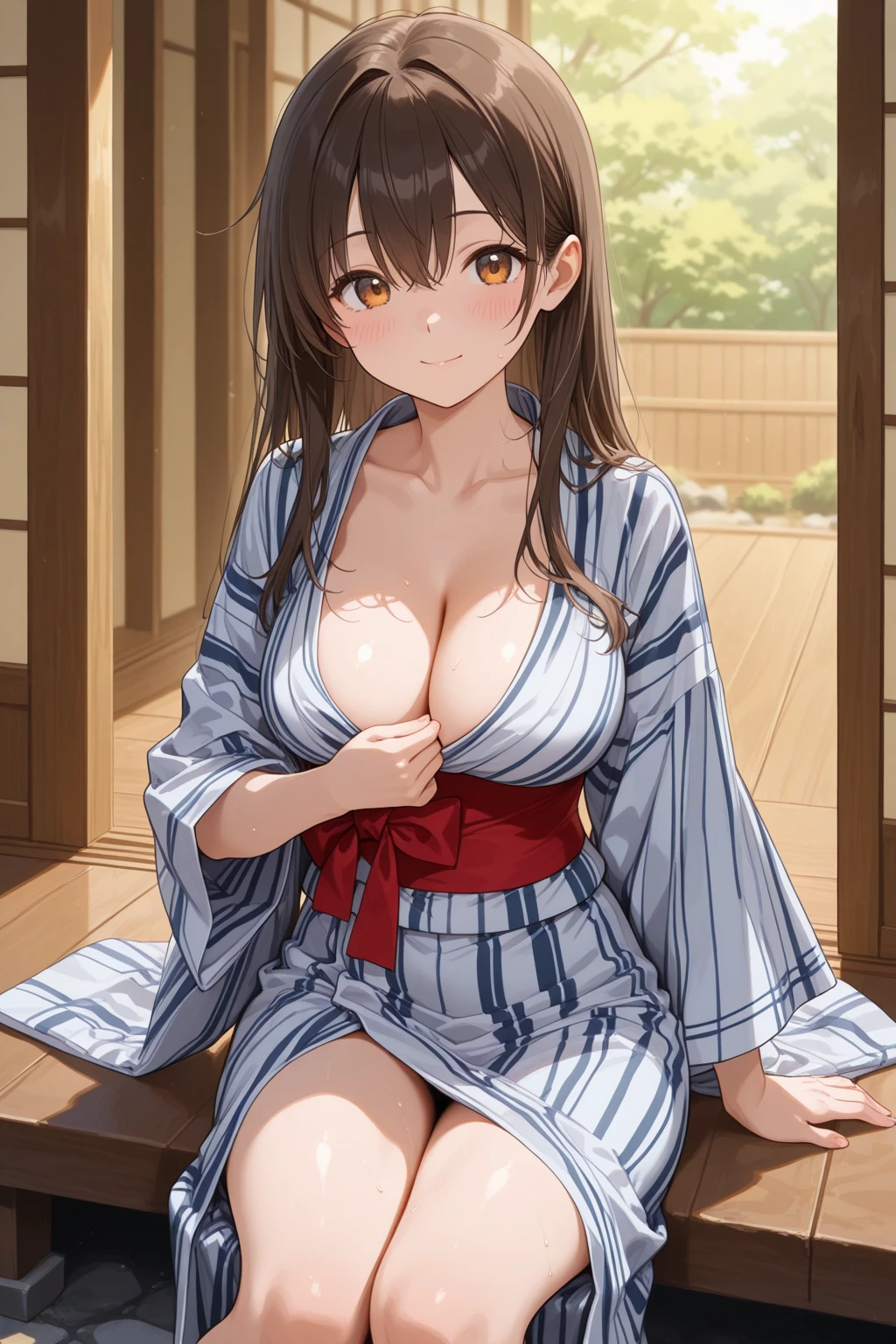 Cute little beautiful girl、、naked、(Blushed and melted eyes:1.5)、Embarrassed、Brown skin、Open yukata、Beautiful breasts,Tied up hair、Tied to a post with arms and legs spread