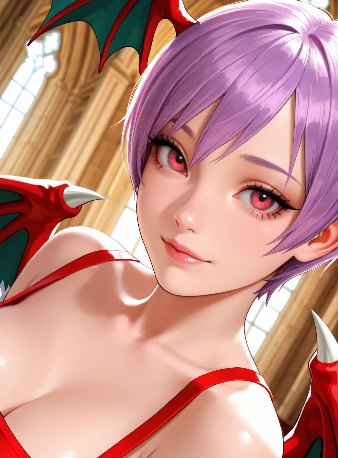 sfw, <lora:darkstalkers_lilith_nai:0.8>, darkstalkers_lilith, portrait, smile, (seductive, alluring, charming:1.3), seductive, (ultra-high res, high details, absurdres:1.3)