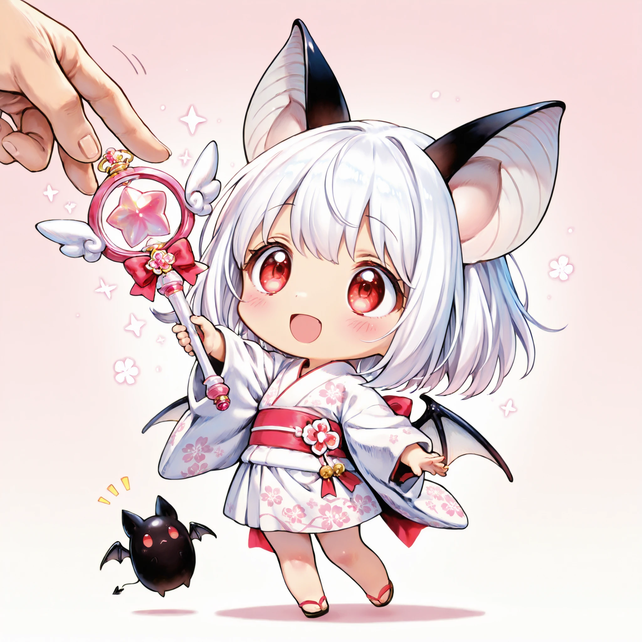 chibi,hand,Cute,masterpiece、High Quality、anime style、(2 people)、 bat girl 、black bat ears、bat wings on his back、red eyes、white medium bomb hair、young face、Delighted、white yukata、Magical Girl's Wand、anatomically accurate hands、full body、2.5 heads tall、