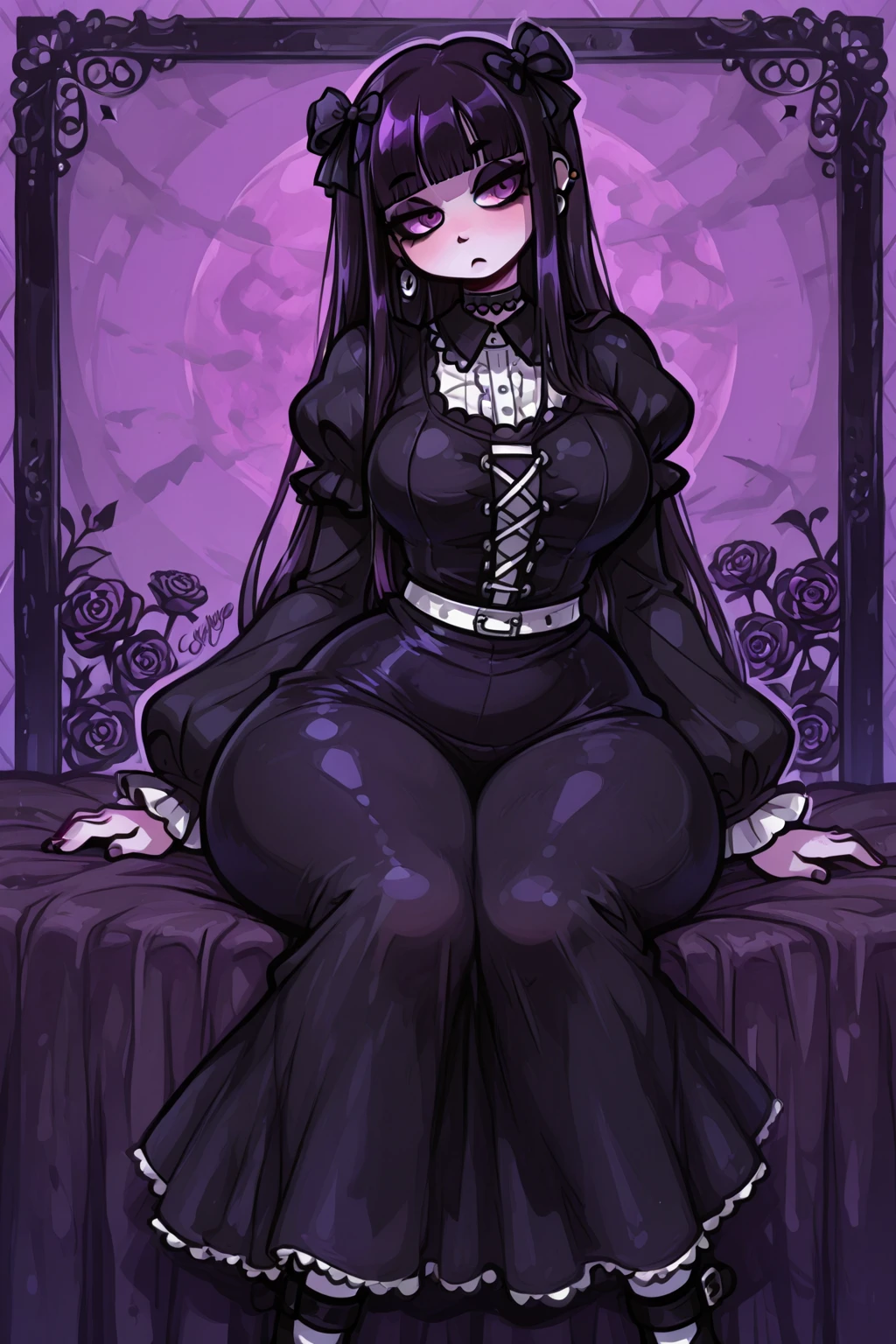 pregnant beautiful and mysterious goth girl with long black hair, grey eyes, black shirt, black long skirt, purple right cursed arm, white skin