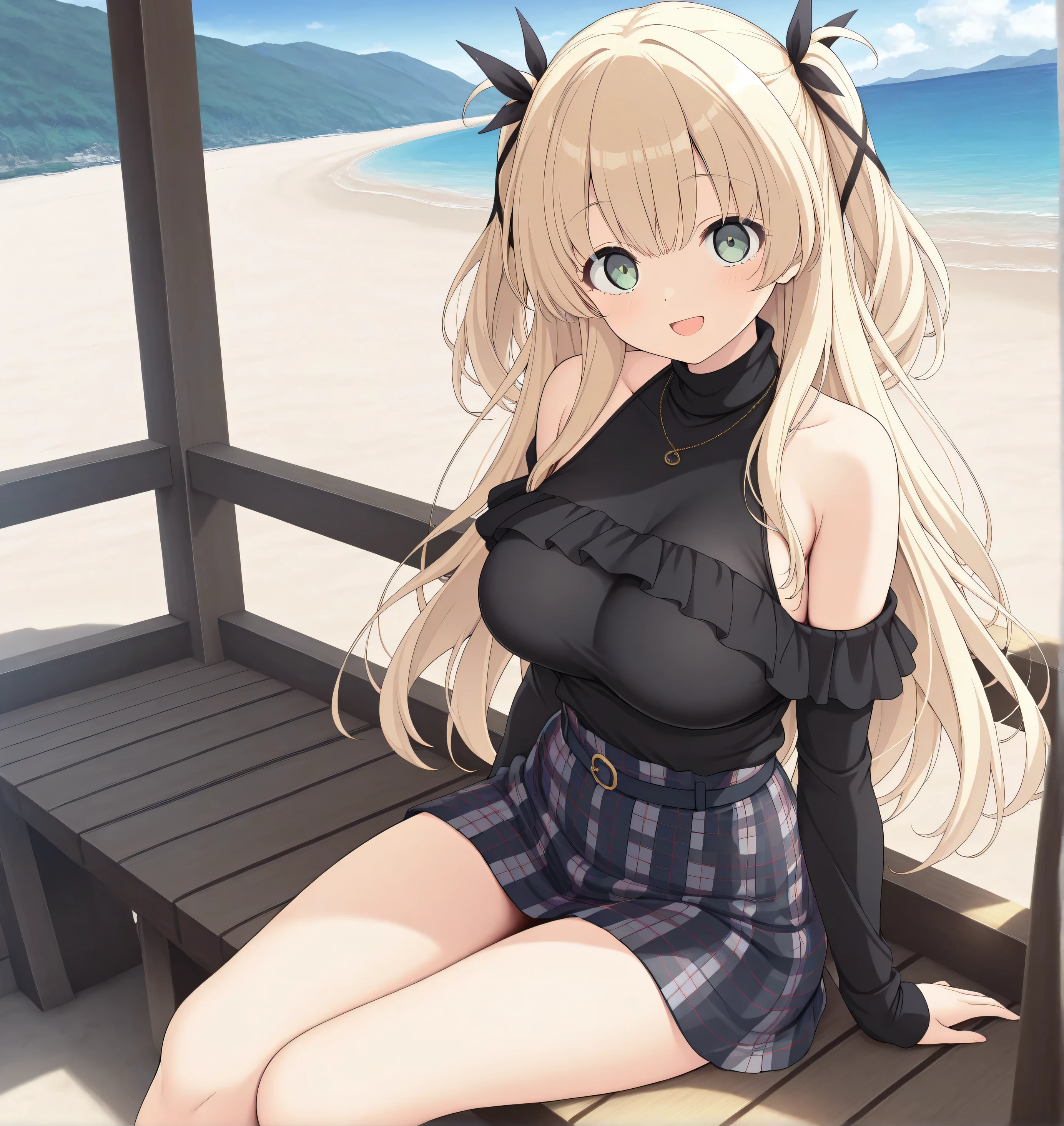 masterpiece, best quality, highres, scenery, newest, 1girl, official style, ren, blonde hair, green eyes, two side up, hair_ribbon, black sweaters, plaid skirt, looking at viewer, open smile, outside, fully shoulders, normal breasts, cute face, sit beach,