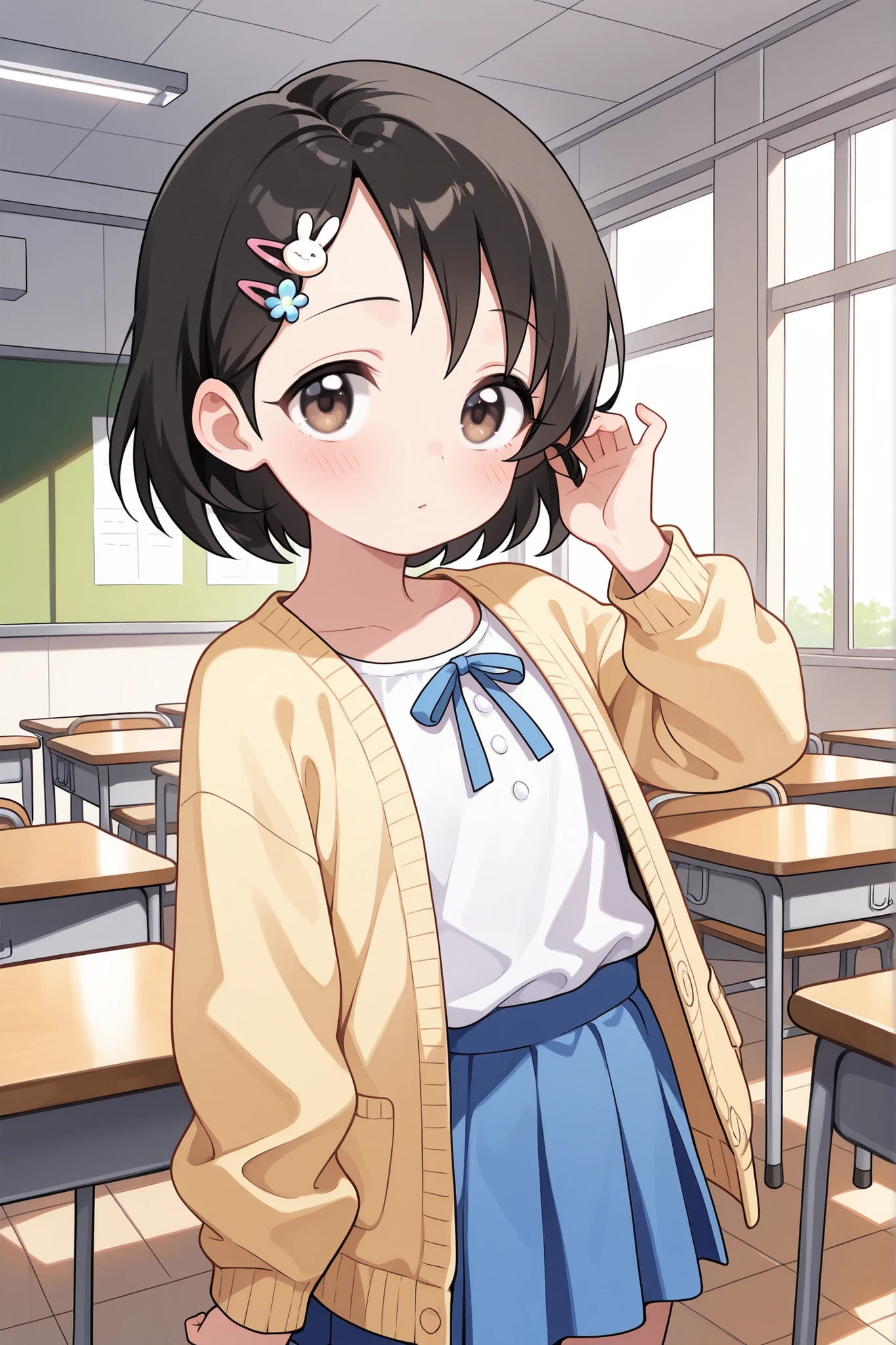 (Top Quality), (Very Aesthetic), (Super Detailed), (Best Illustration), Loli, Solo Female, female child, Girl, sskchie_AA,sasaki chie, short hair, black hair, hairclip, bangs, brown eyes,yellow cardigan, open cardigan, open clothes,white shirt, blue skirt, Classroom,