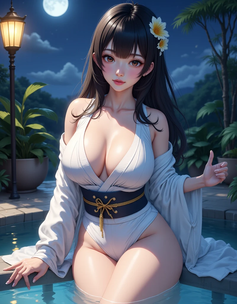 Young woman, very delicate and beautiful eyes, black hair, long hair, bangs, hair accessory, wet hair, very detailed, standing in ankle-deep water, reflection, moon, raining, wet clothes, Japanese clothes , yukata, strapless, translucent, floral pattern, open neck, open shoulder, chest, wet, lantern, night, outdoors, rainy, mountains, clouds, lantern, night sky, trees, very detailed, CG, movie lighting, detailed backgrounds, East Asian architecture