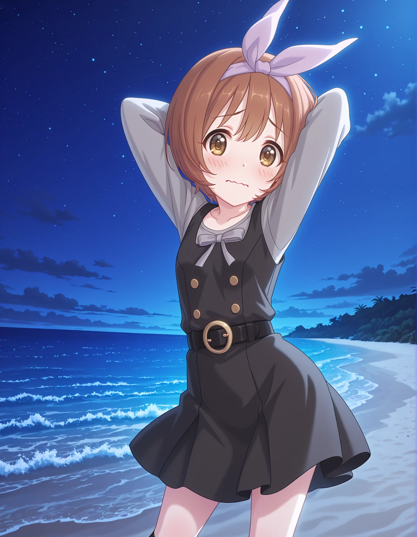 rlpkrmi, short hair, brown hair, hairband, hair ribbon, brown eyes,
black dress, pinafore dress, grey shirt, long sleeves, black belt, kneehighs, anime screencap, high quality, solo, night sky, beach, armpits, (hands behind head), ((contrapposto)), closed mouth, cowboy shot, looking at viewer, wavy mouth, shy, best quality
