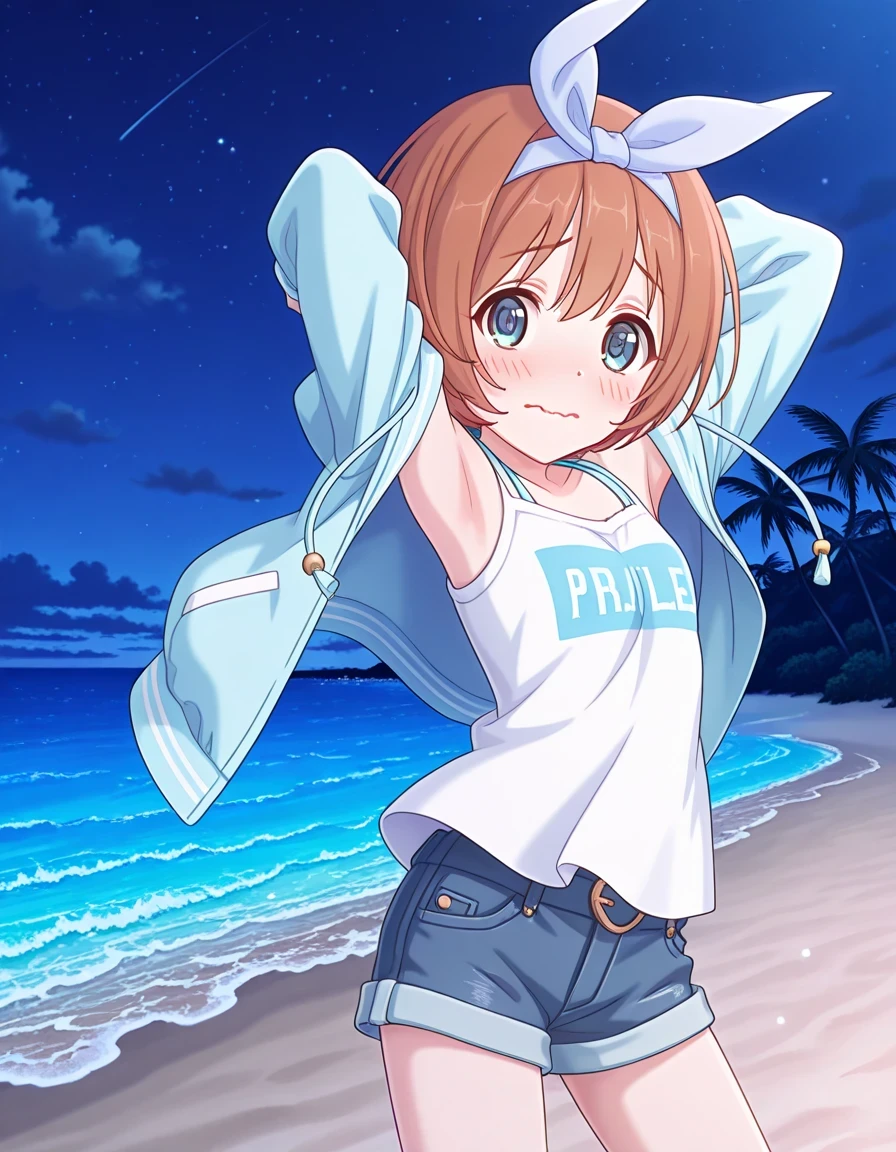 pcrkrmi, short hair, brown hair, hairband, hair ribbon, blue eyes, rlp blue jacket, rlp open jacket, white shirt, clothes writing, denim shorts, anime screencap, high quality, solo, night sky, beach, armpits, (hands behind head), ((contrapposto)), closed mouth, cowboy shot, looking at viewer, wavy mouth, shy, best quality
