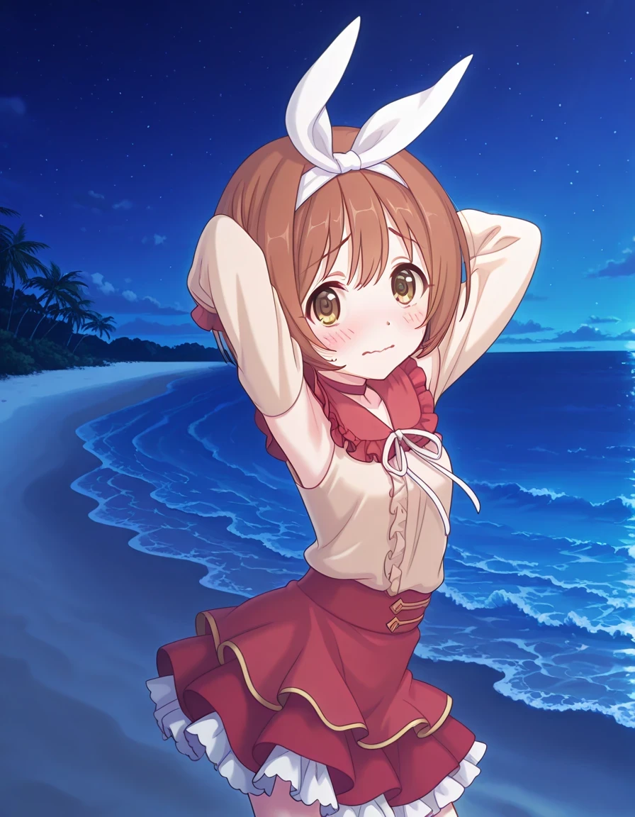 rlpkrmi, short hair, brown hair, hairband, hair ribbon, brown eyes,
white ribbon, frilled shirt collar, red collar, beige shirt, long sleeves, red skirt, frilled skirt, white frills, anime screencap, high quality, solo, night sky, beach, armpits, (hands behind head), ((contrapposto)), closed mouth, cowboy shot, looking at viewer, wavy mouth, shy, best quality
