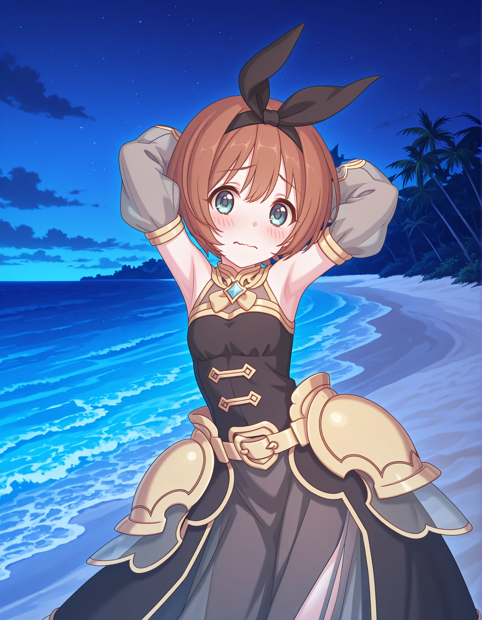 pcrkrmi, short hair, brown hair, hairband, hair ribbon, blue eyes, pkrmdef, hair ribbon, black ribbon, hair ornament, black dress, sleeveless dress, gold trim, see-through cleavage, vertical-striped clothes, detached sleeves, grey sleeves, grey skirt, long skirt, overskirt, anime screencap, high quality, solo, night sky, beach, armpits, (hands behind head), ((contrapposto)), closed mouth, cowboy shot, looking at viewer, wavy mouth, shy, best quality
