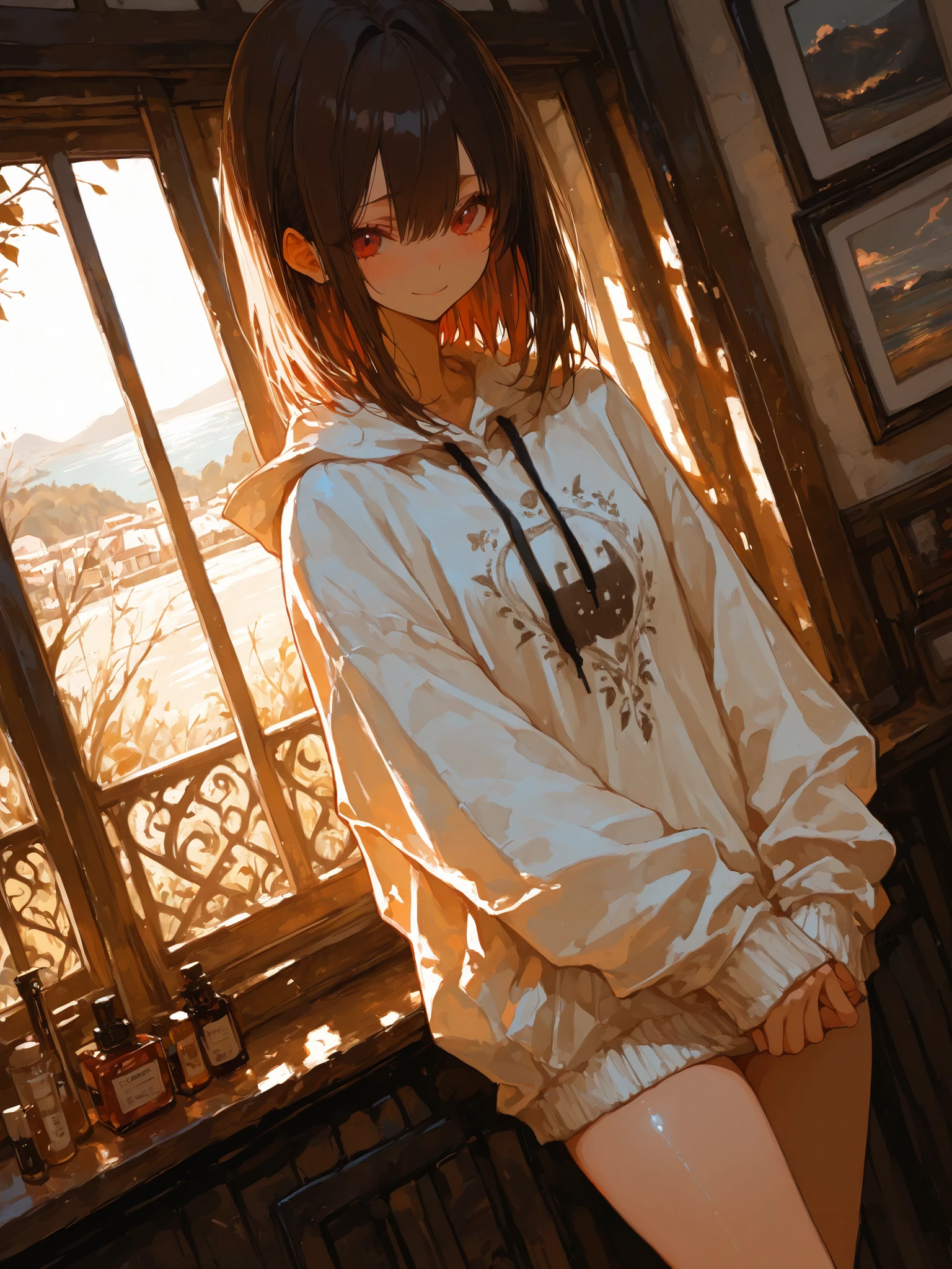 focus on girl, day, modern interior, teenager room, 1girl, young, slim, beautiful pose, comfy outfit, simple home fashion, unique accessories, beautiful hair, shy, simple small smile, (Masterpiece), 걸작, 고화질, newest, perfection, (best quality), (highest quality), (detailed), (aesthetic), beautiful angle, volumetric lighting, RTX, HDR, detailed background, shiny skin, 748cmstyle