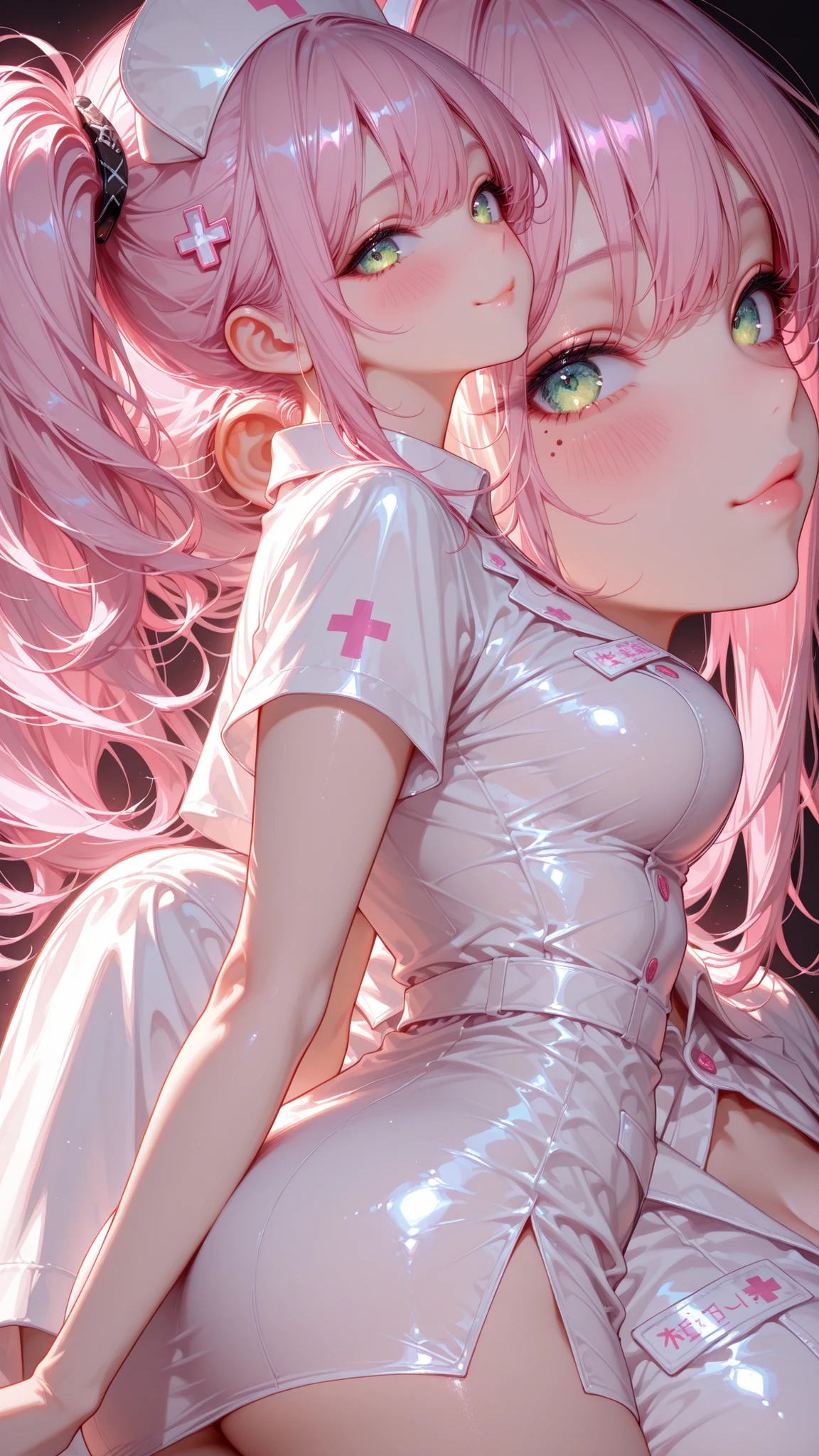 masterpiece, best quality, ultra-detailed), 2 angles, zoom layer,upper body, full body, [from side], facing back, (cute, smile, a mole under the eye), a very realistic photo of a beautiful 15-year-old Japanese nurse, wearing a tight and nurse dress, featuring a high side slit mini skirt and chest detail, (black background:1.3), ponytail hair, pink hair, green eyes,puckered lips, slightly closed eyes, blush, looking at viewer, cute expression, soft lighting, warm atmosphere, head tilted slightly, inviting pose