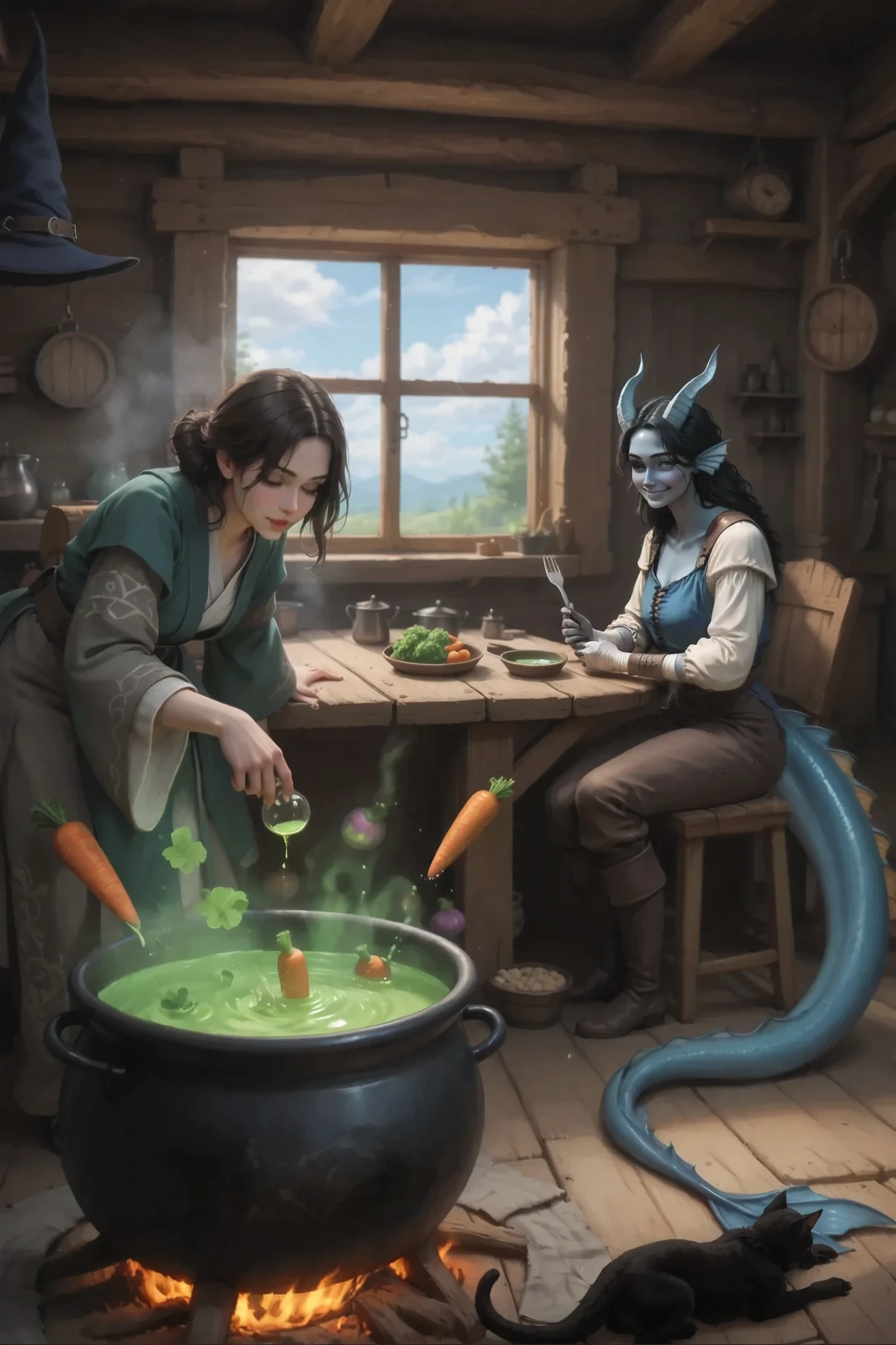 2 character: in the foreground is a witch woman, or a healer (dressed in yukata) stands leaning towards a large cauldron and throws something into the cauldron. long white hair.
Green slurry is boiling in the pot and ingredients are floating: carrot and something else.
Another character is sitting at an empty wooden Kedra oak table, a woman with blue-gray skin (with a long dragon tail creeping across the floor), with small horns on her head, in medieval brown leather pants and a light medieval white shirt. She holds a knife and fork in her hands waiting for a delicious dinner.
In the foreground below, a black cat is lying on the floor with her paw stretched down trying to catch Kedra's tail and lowering head on the floor.
Bright sky and clouds outside the window. Warm sunlight penetrates the window, giving soft long shadows.
In the background, the interior and attributes of the witch's log cabin.