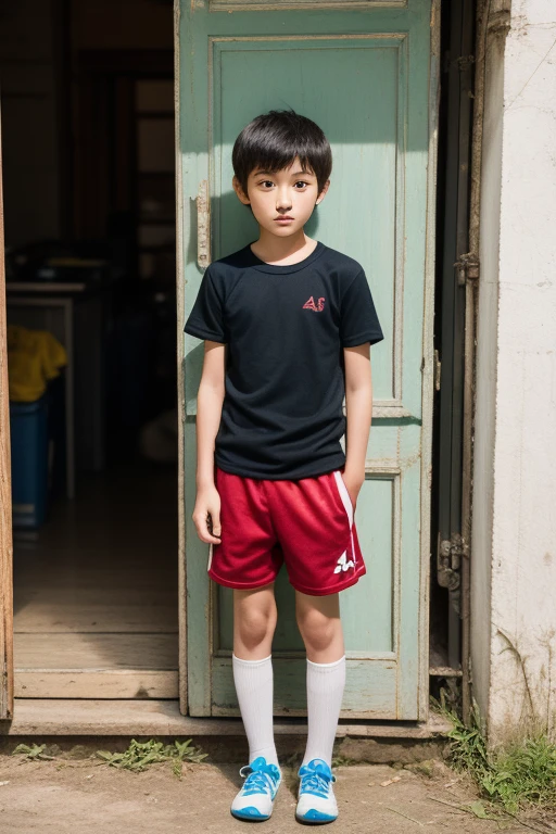 Masterpiece, hd, realistic, European and American handsome little boy，12 year old  boy，blonde short hair，Wearing a white round neck T-shirt with short sleeves，Wearing white sports shorts，Standing full body photo，Wearing white sports shoes，Place your hands naturally on both sides of the body，High-end simple full body photo，The background is clean and bright，Simple and high-end without clutter，wearing randoseru backpack, (backpack1.2)