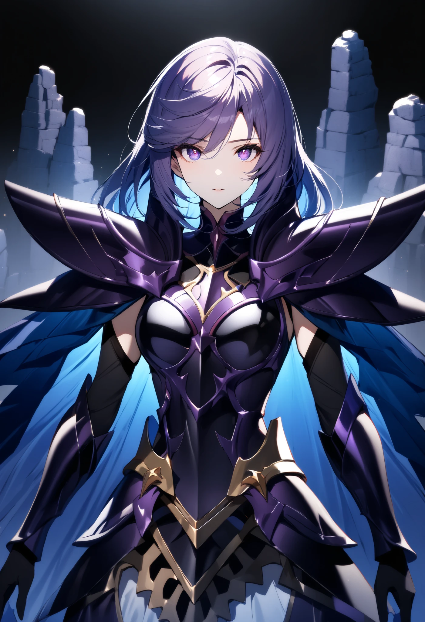 (high-quality, breathtaking),(expressive eyes, perfect face) Symmetrical Eyes, 1girl, female, solo, looking at viewer, black background, soft eerie blue lighting background, rock terrain background, Dark Purple Armor, trim, full plate armor, half body shot, solo, black armor, Specter, Dark Knights, freyja \(fire emblem\)