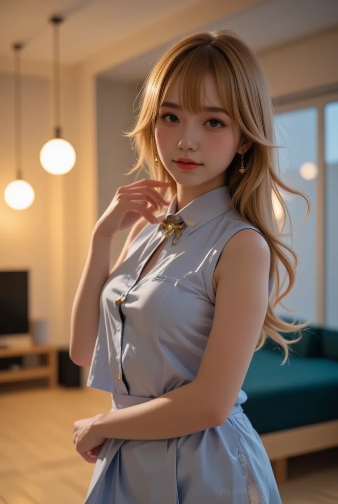 (best quality,ultra-detailed,photo-realistic:1.37),extremely beautiful eyes, Bright and Vibrant colors,studio lighting, playful expression, Extremely detailed eyes, stylish makeup,Beautiful Fashion Model Posing, pin up style uniform, ((translucent tight skirt)), Slim Figure, Medium , high fashioned, amazing , silver hair flowing in the wind,alluring eyes,glossy lips, pose, smiling in a confident and  way, posing for a professional photoshoot, shallow depth of field, highlighting the main subject, soft natural lighting, creating a dreamy and magical atmosphere.