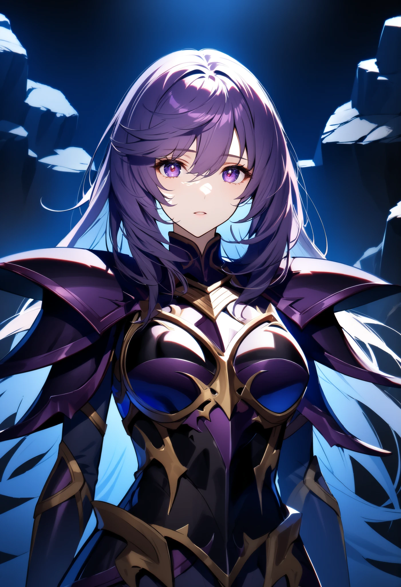 (high-quality, breathtaking),(expressive eyes, perfect face) Symmetrical Eyes, 1girl, female, solo, looking at viewer, black background, soft eerie blue lighting background, rock terrain background, Dark Purple Armor, trim, full plate armor, half body shot, solo, black armor, Specter, Dark Knights, freyja \(fire emblem\)