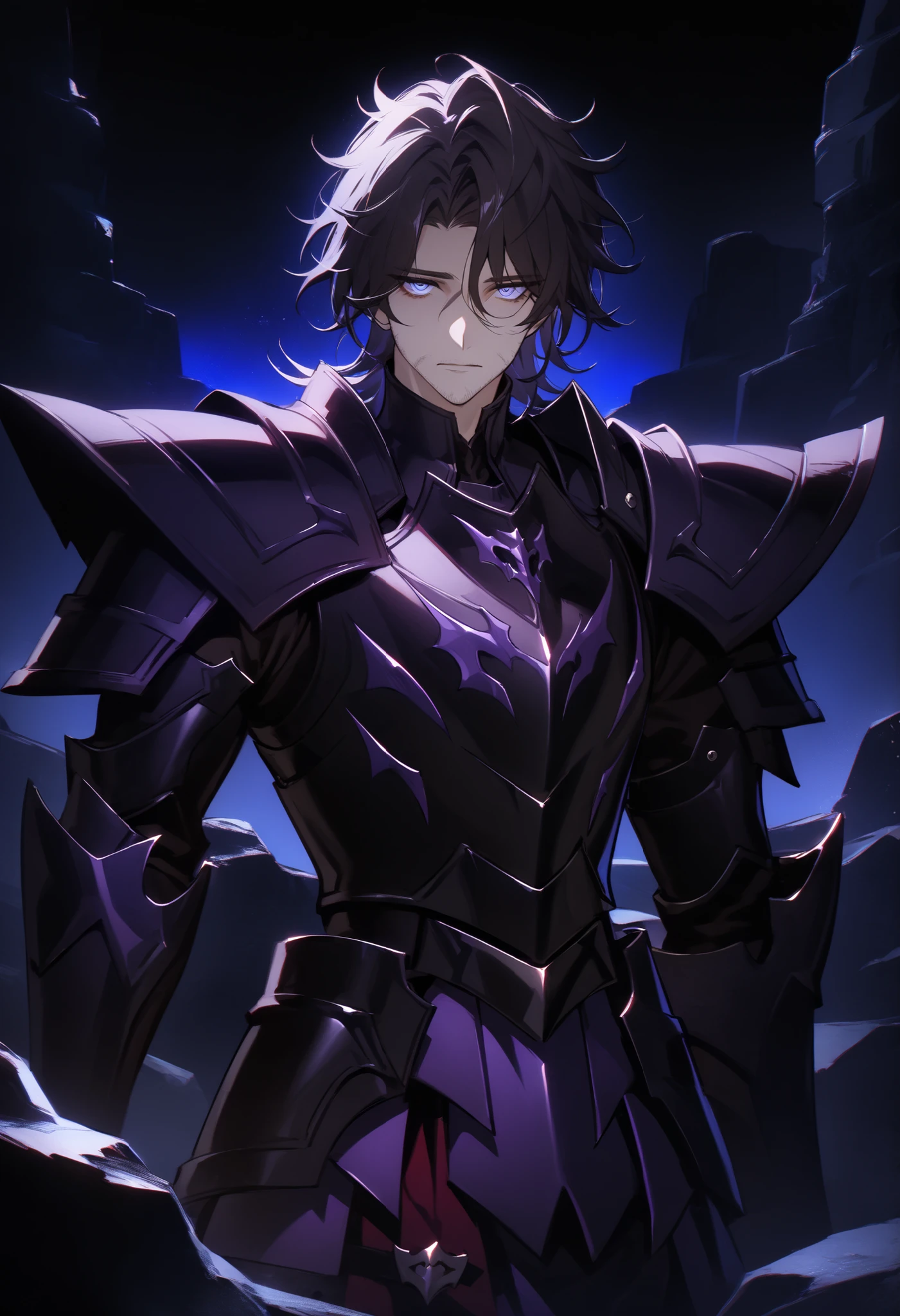 (high-quality, breathtaking),(expressive eyes, perfect face) Symmetrical Eyes, 1boy, male, solo, looking at viewer, black background, soft eerie blue lighting background, rock terrain background, Dark Purple Armor, trim, full plate armor, half body shot, solo, black armor, Specter, Dark Knights,