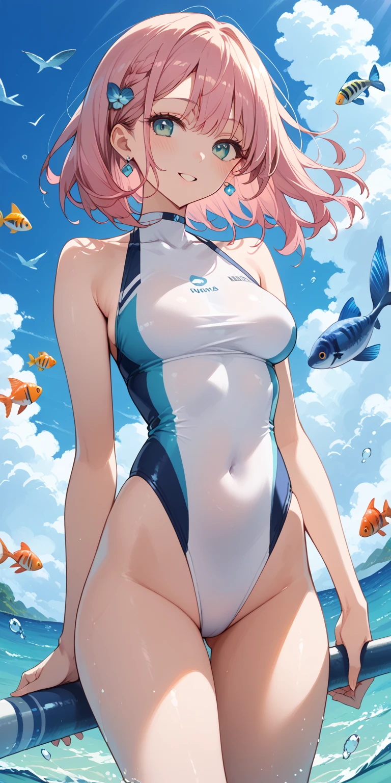 best quality, masterpiece, highres, high quality, animation, anime, cartoon, 1girl, solo, waist, from back below, clouds, heavy rainning, multicolored hair, thick thighs, two-tone hair, backlightings, (neon air bubble:1.5), (air bubble:1.5), (air bubble:1.5), (air bubble:1.5), (air bubble:1.5), barefoot, lighting beams, bodysuit, night, noom, stars, blunt bangs, <lora:EnvyBeautyMix05:0.2>, fishs, whales, wind, <lora:volley2_2LORA-DAD:1>, volleyball_uniform, (reflection:1), depth of field, rocks,
