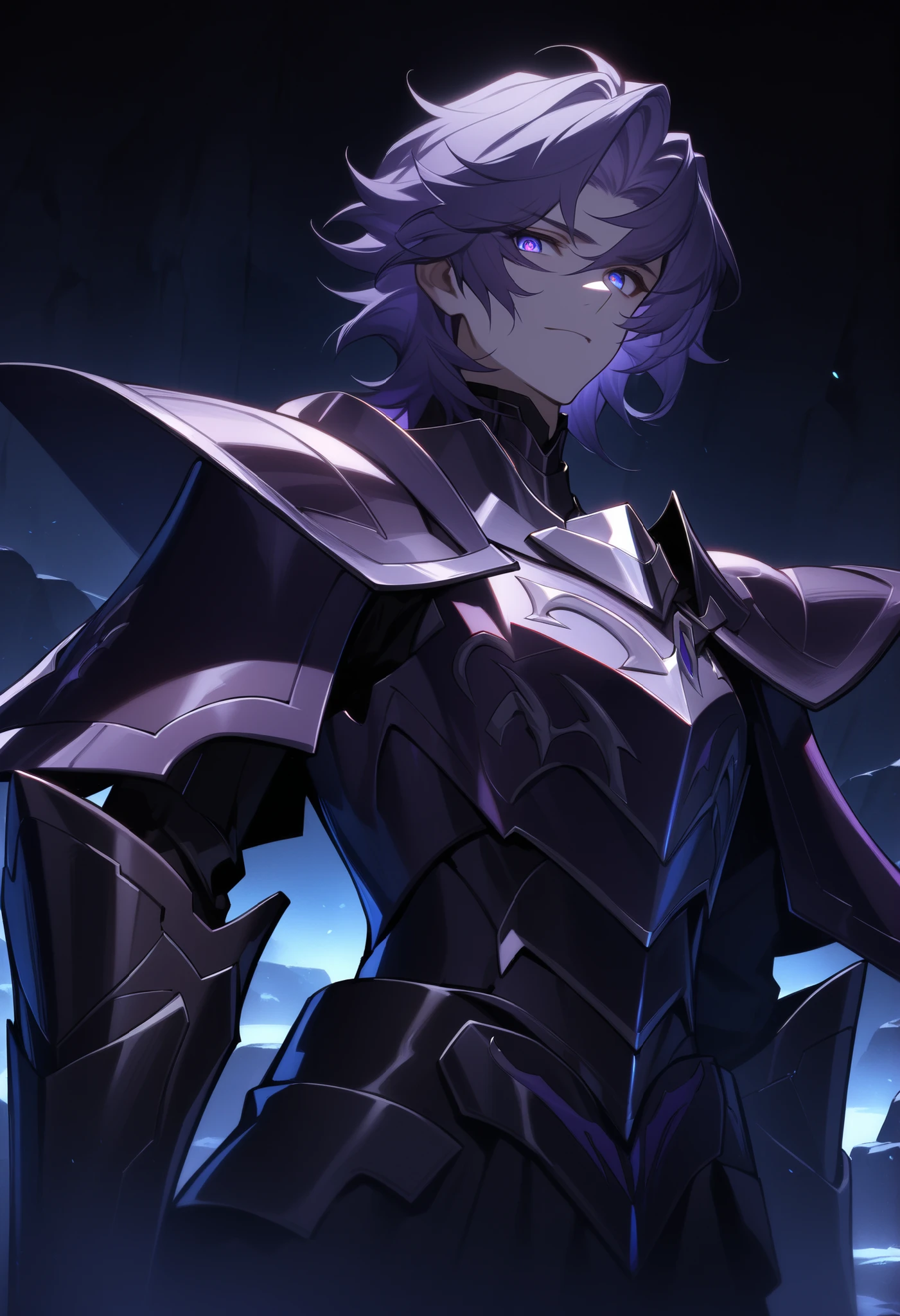 (high-quality, breathtaking),(expressive eyes, perfect face) Symmetrical Eyes, 1boy, male, solo, looking at viewer, black background, soft eerie blue lighting background, rock terrain background, Dark Purple Armor, trim, full plate armor, half body shot, solo, black armor, Specter, Dark Knights,
